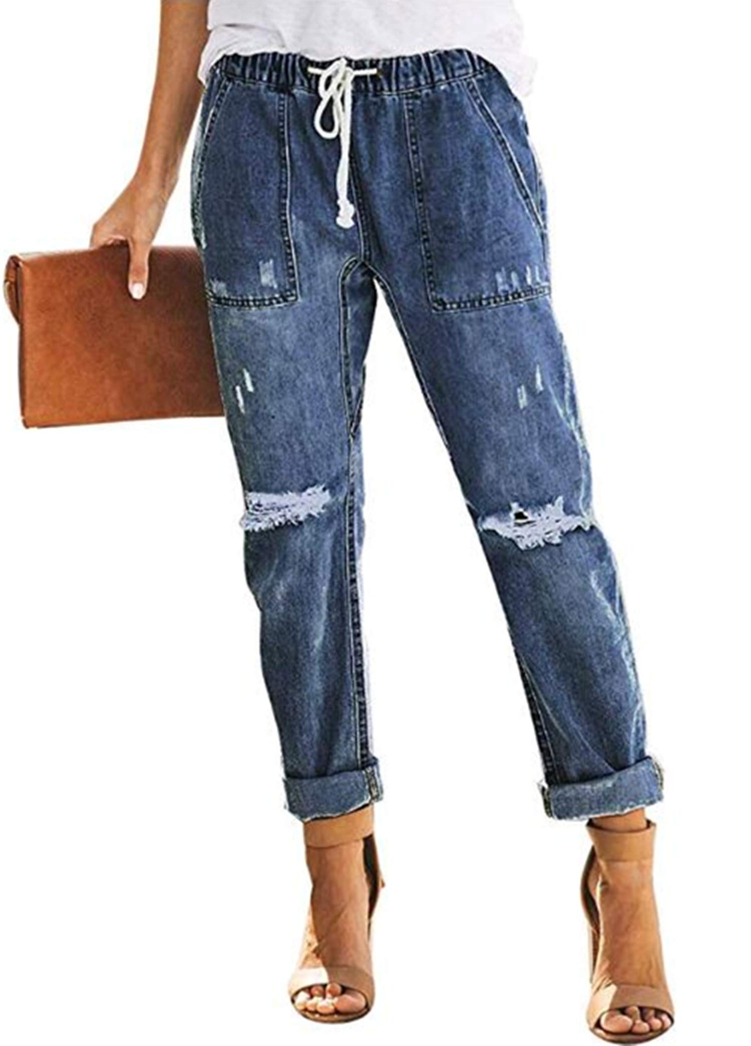 SidefeelWomen's Ripped Jogger Jeans Drawstring Elastic Waist Denim Pants