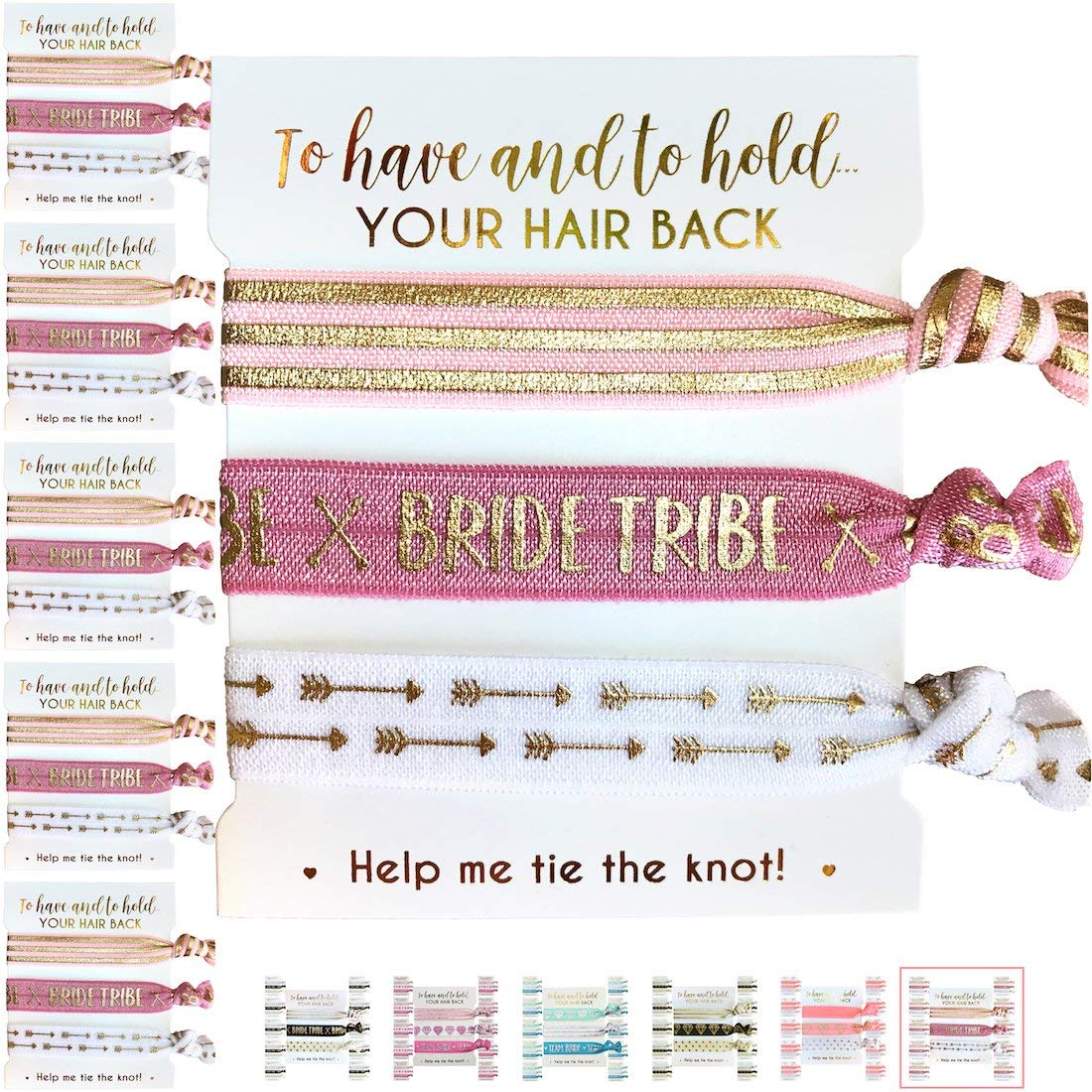 5-Pack of Hair Tie Cards - Bachelorette Party and Wedding Shower Proposal Favors for Bridesmaids, Team Bride, Bride Tribe (Blush & Gold (Tribe))