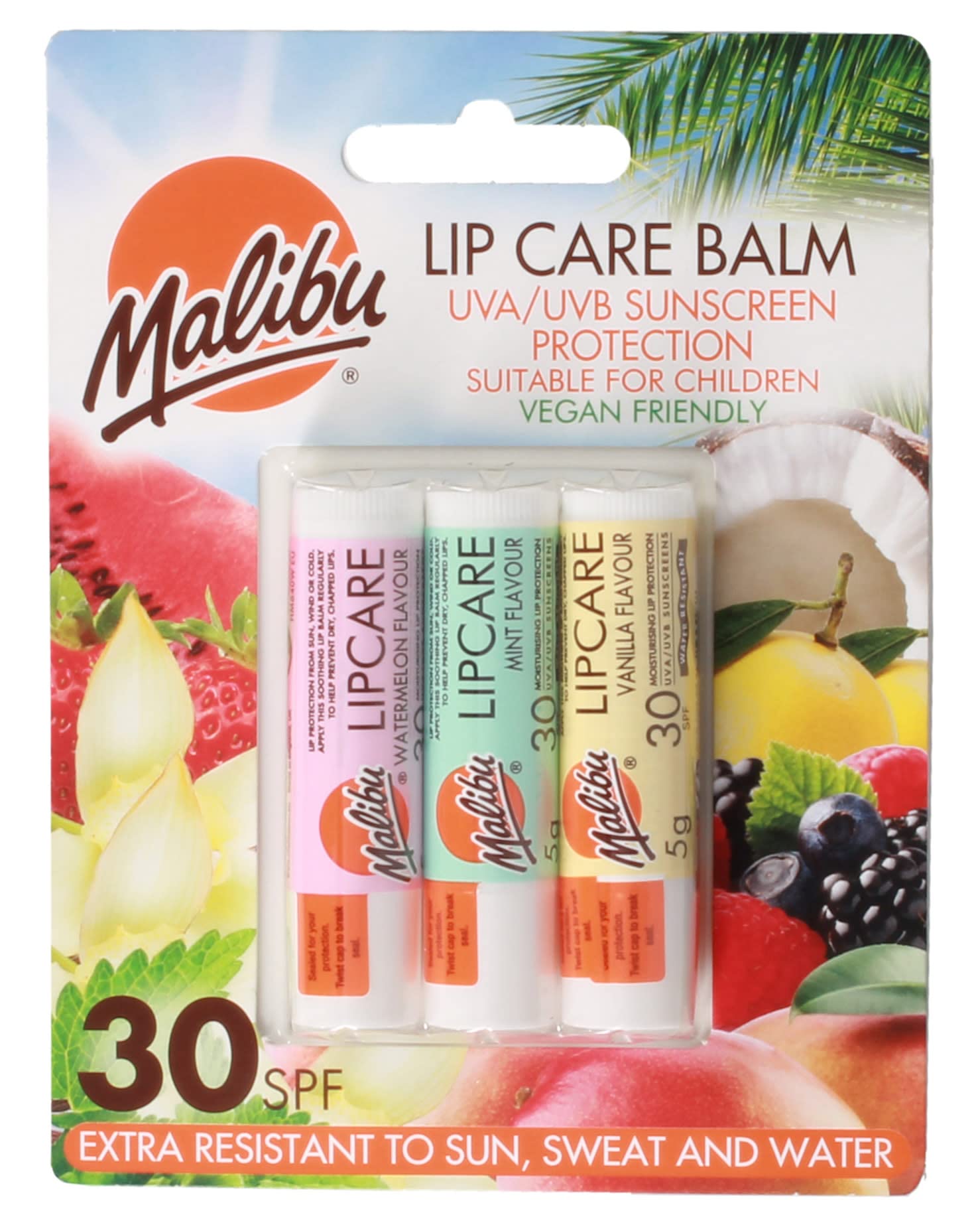 SPF 30 Lip Balm Sunscreen, Watermelon, Mint and Vanilla, 3 x 5g