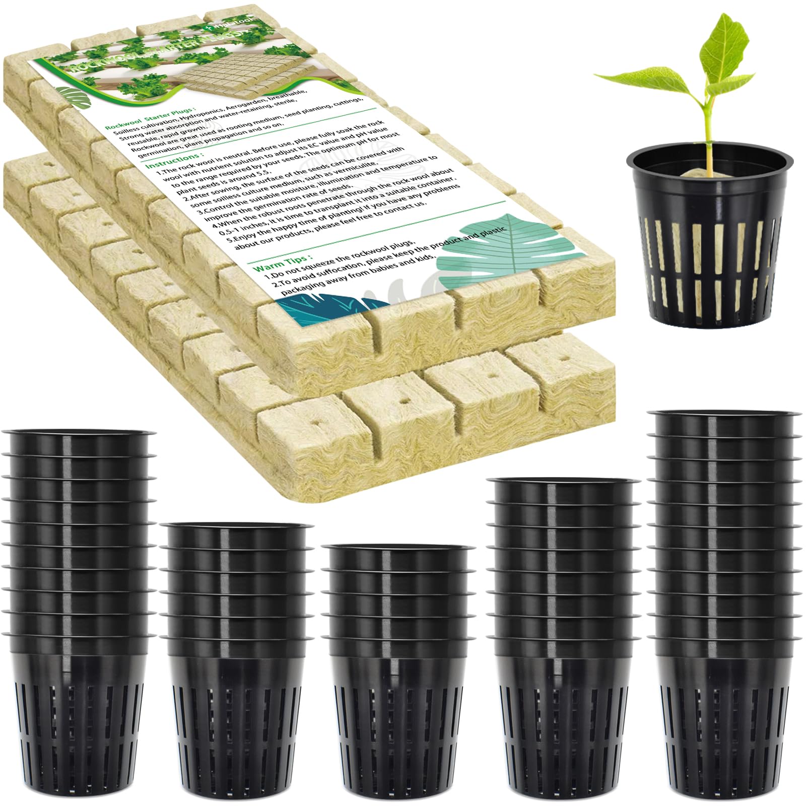 Halatool72PCS 1.2 Inch Rockwool Cubes with 56PCS 2 Inch Net Cups for Hydroponics Great Kratky Hydroponics Kit for Soilless Cultivation Cloning Plants Growing Seeds