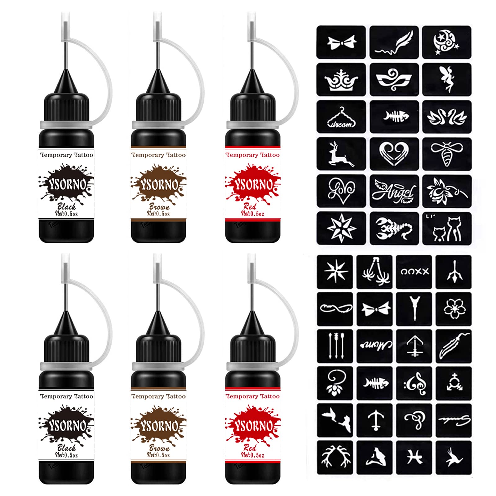 Temporary Tattoo kit Semi Permanent Tattoo Jagua Gel Freehand Ink 48PCS Free Tattoo Stencils DIY Tattoo Fake Freckles for Women Kids Men ,Full kit 3 Colors Black/Red/Brown