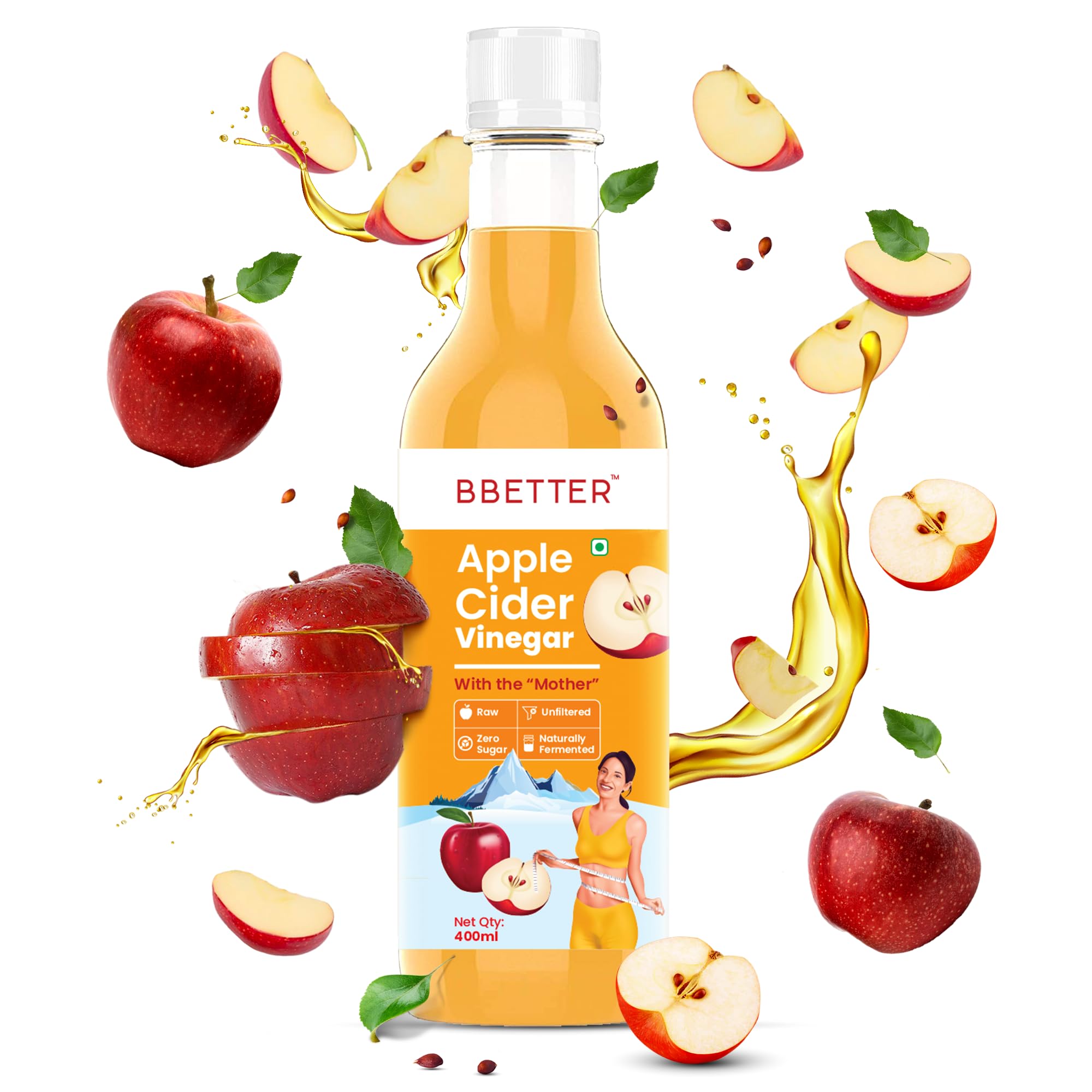 BBETTER Apple Cider Vinegar For Weight Loss- 400ml - Helps Weight loss- Unfiltered, Organic & Natural Raw Apple Cider Vinegar with The Mother (Pack of 1)