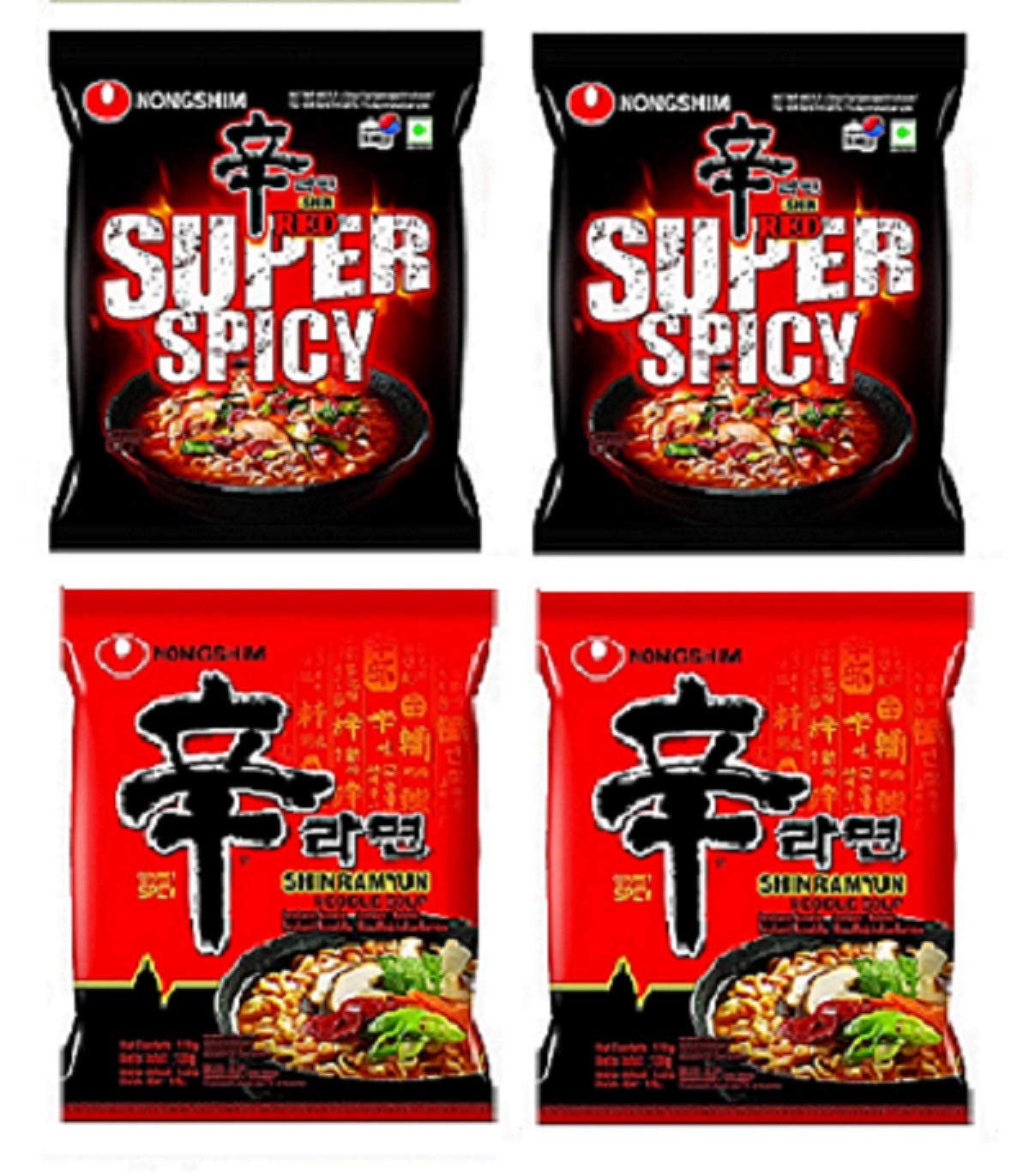 Nongshim Shin Ramyun & Red Super Spicy Noodles 120 grams*4Pack (Pack of 4) (Imported)