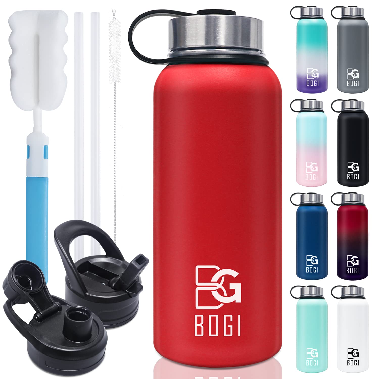 BOGI 40oz Insulated Water Bottle, Double Wall Vacuum Stainless Steel Water Bottle with Straw and 3 Lids, Sweat-Proof Wide Mouth Steel Water Bottle Keeps Hot or Cold for Sports Gym Office (Red)