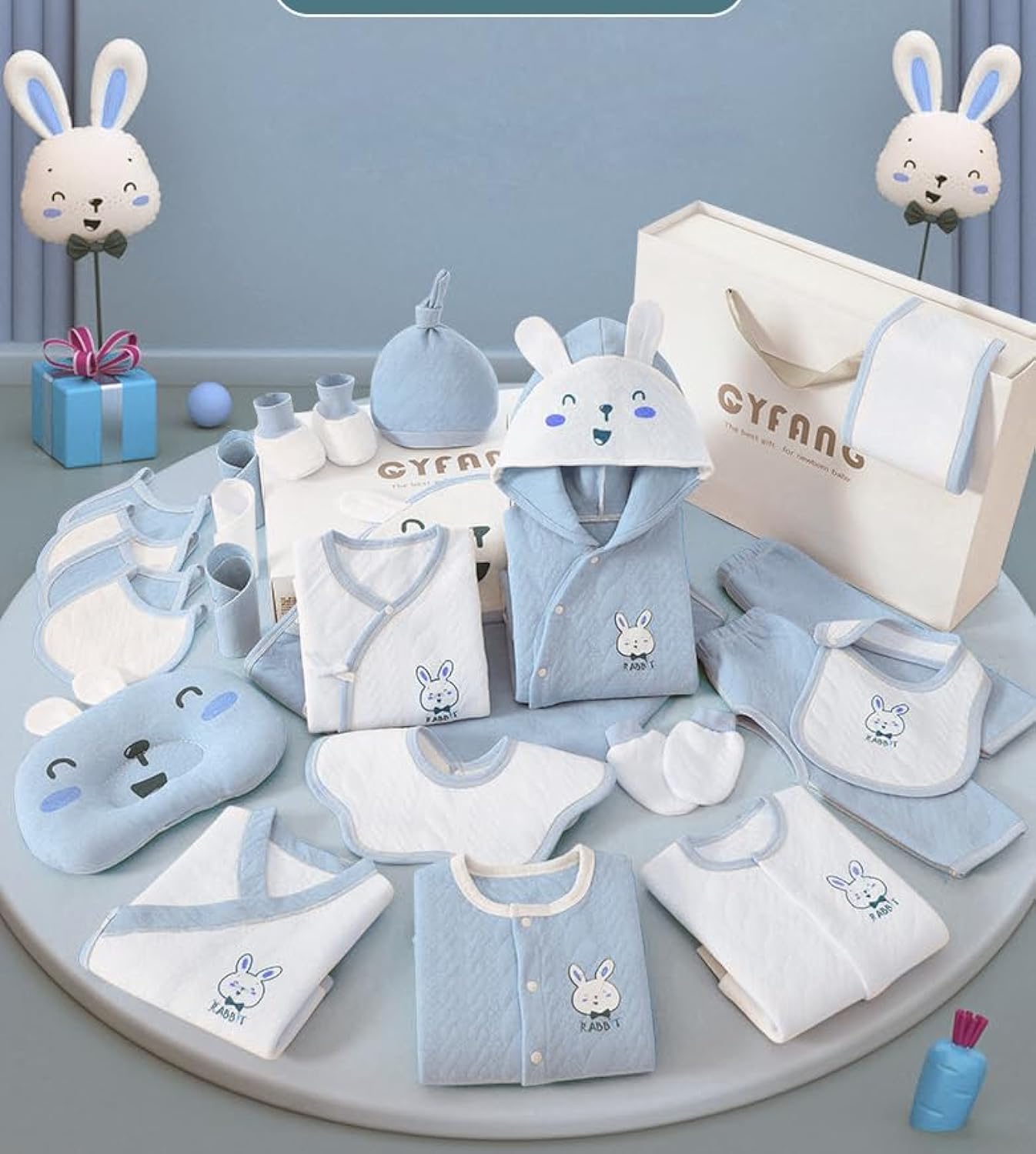 Voie 22-Piece Rabbit-themed Newborn Baby Boy Gift Set for All Seasons - Blue