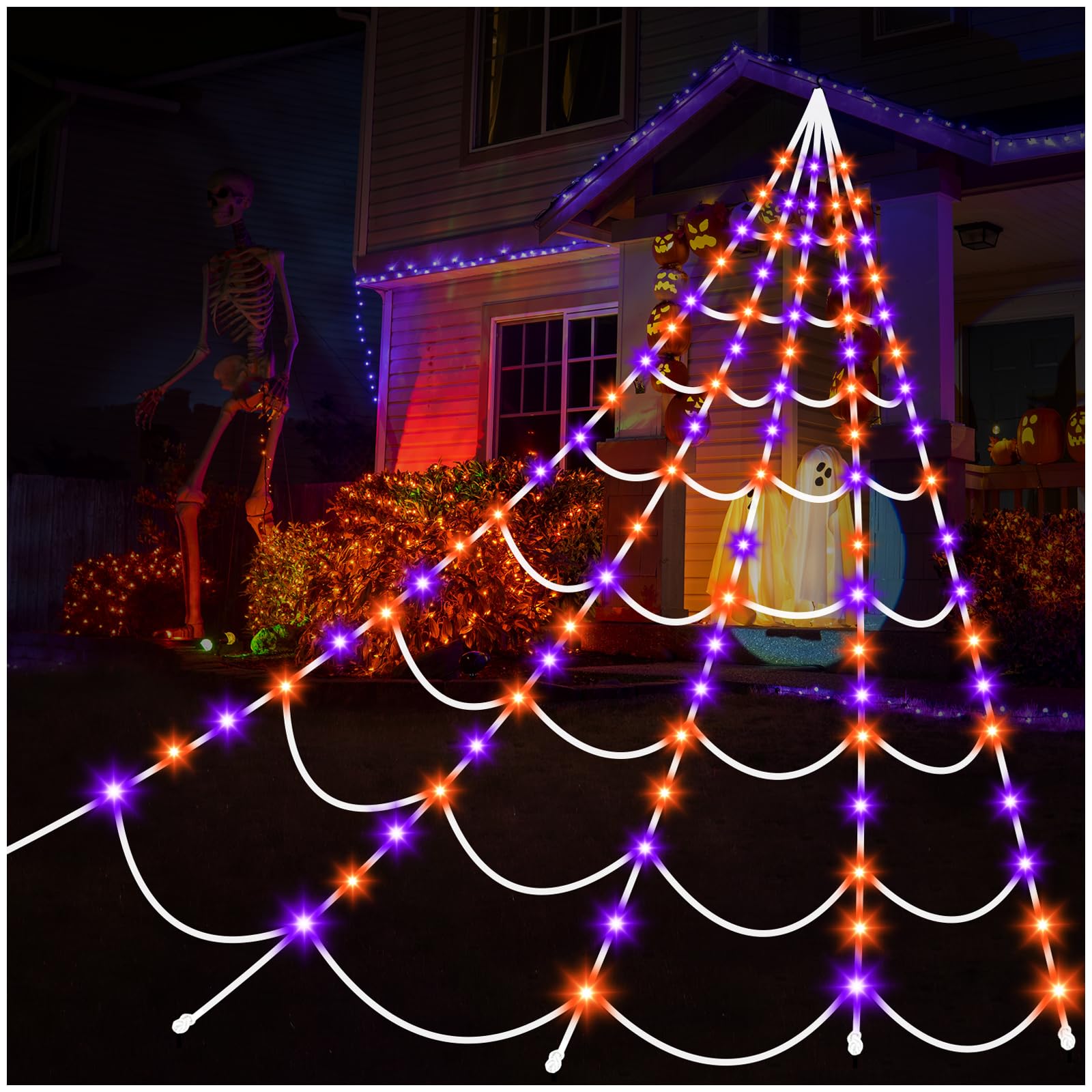 AitbayHalloween Decorations Outdoor Spiders Web Lights: 150 Purple & Orange LED Light Decor, 16.4Ft Giant Spiderweb with 8 Lighting Modes Waterproof & Timer, Yard Spider Web Decoration