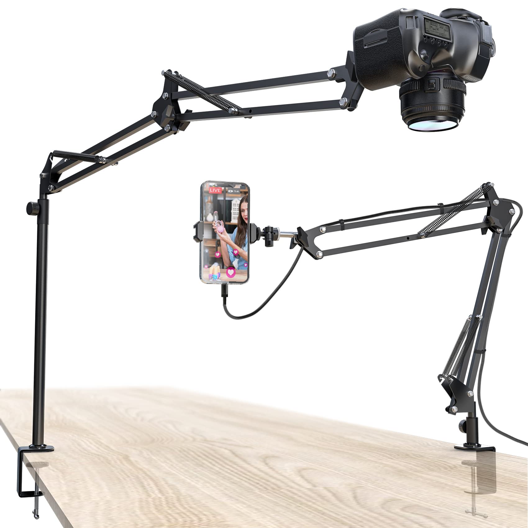 Overhead Camera Mount, 5lb Horizontal Load-Bearing, 360° Adjustable Camera Stand for Desk, Flexible Camera Arm Desk Mount, with Phone Clamp, Tabletop Mount for DSLR Camera/Webcam/Microphone