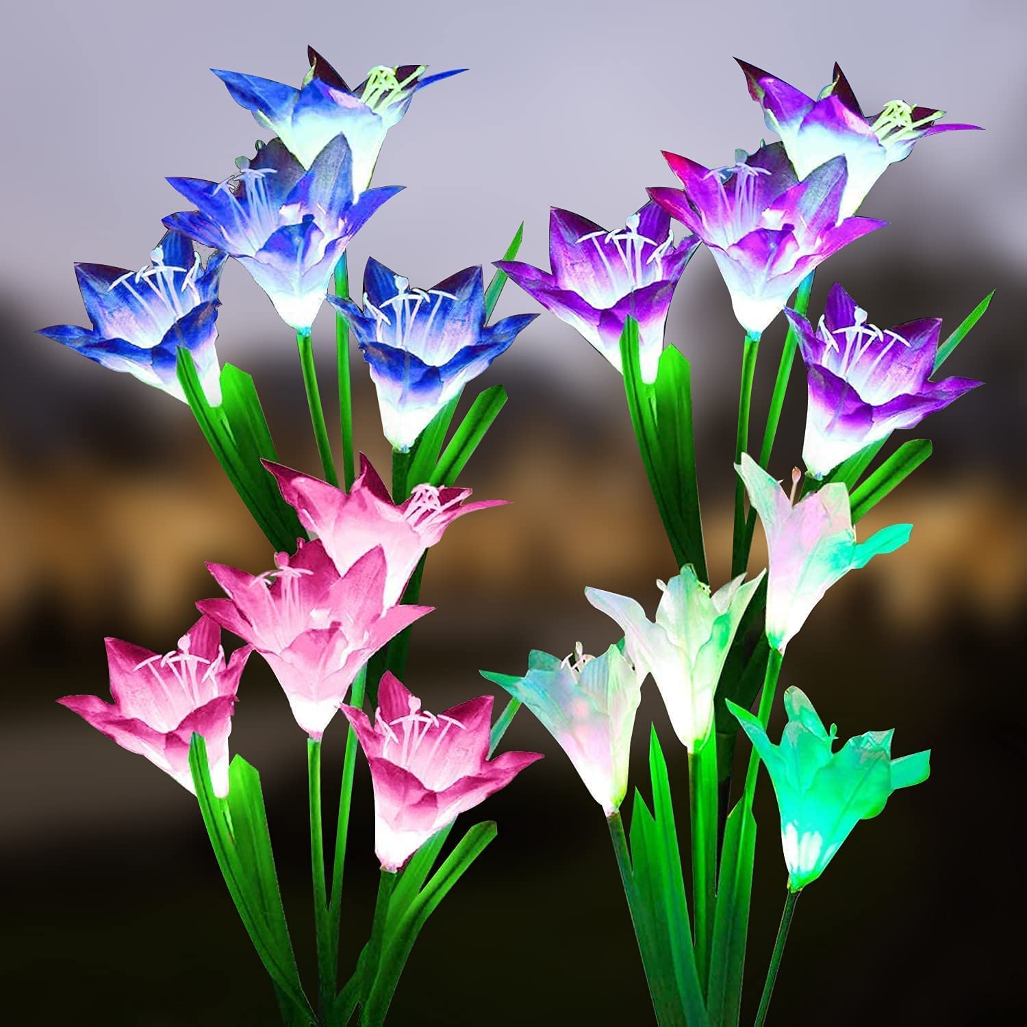 Wishlink Solar Powered Garden Decortions Stake Lights with 8 Lily Flower, Multi-Color Changing LED Outdoor Solar Stake Lights for Garden,Patio,Backyard (4Pcs:Blue&Pink&Purple&White)