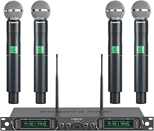 Phenyx Pro Wireless Microphone System, 4-Channel UHF Wireless Mic, Fixed Frequency Metal Cordless Mic with 4 Handheld Dynamic Microphones, 260ft Range, Microphone for Singing,Church(PTU-5000-4H)