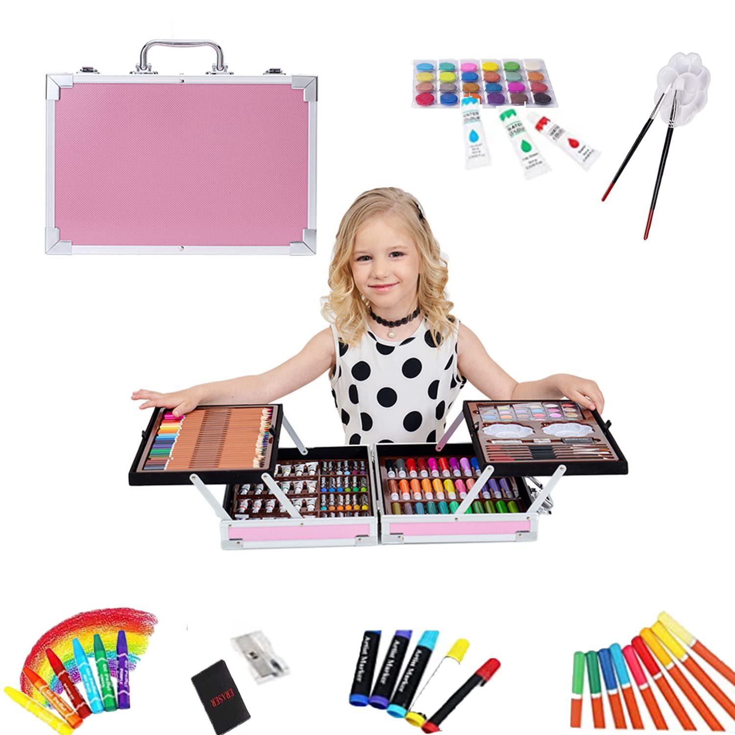 Beauenty Deluxe Art Set 145PC 2 Layers, Kids Art Supplies for Drawing, Painting, Portable Aluminum Case Art Kit for Kids, Teens, Adults Great Gift for Beginner and Serious Artists (Pink)