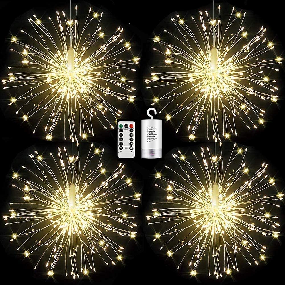 FOOING 4 Pack Firework Lights Led Copper Wire Star String Lights 8 Modes Battery Operated Fairy Lights with Remote,Wedding Decorative Hanging Lights for Party Patio Garden Decoration