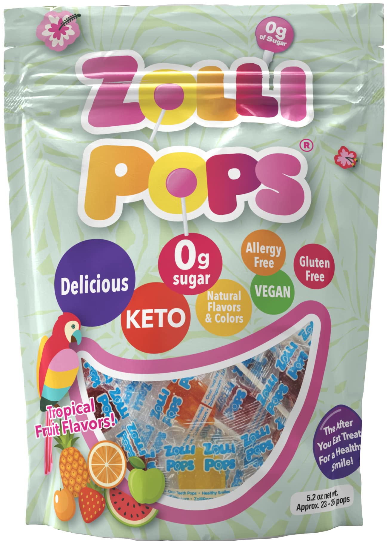 Zollipops The Clean Teeth Pops, Anti Cavity Lollipops, Delicious Flavors, Tropical, 5.2 Ounce (Package May Vary)