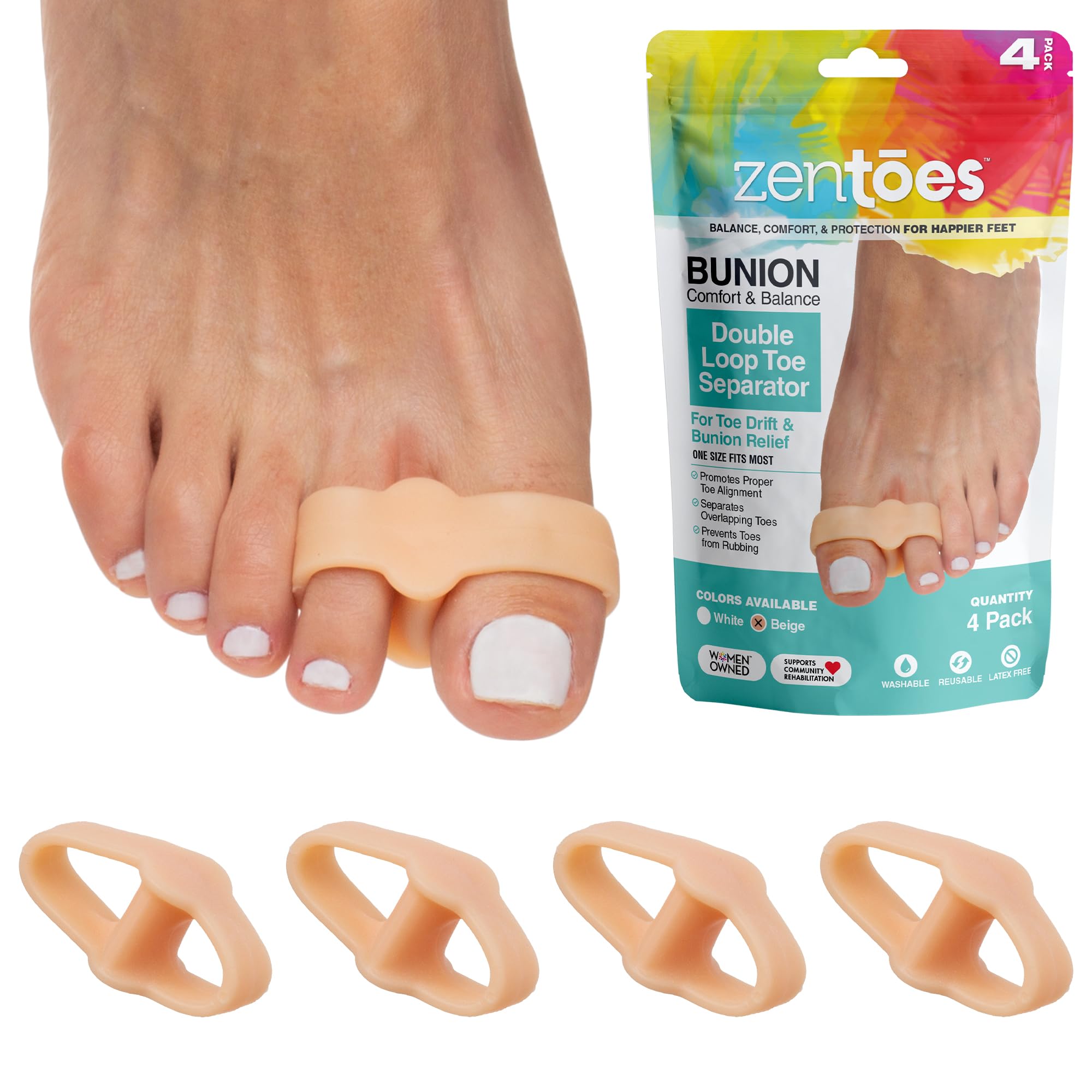 ZenToesToe Spacers Bunion Corrector for Women and Men, Big Toe Straightener, Double Loop Gel Splint Separator for Correct Alignment of Overlapping Toes (Beige)