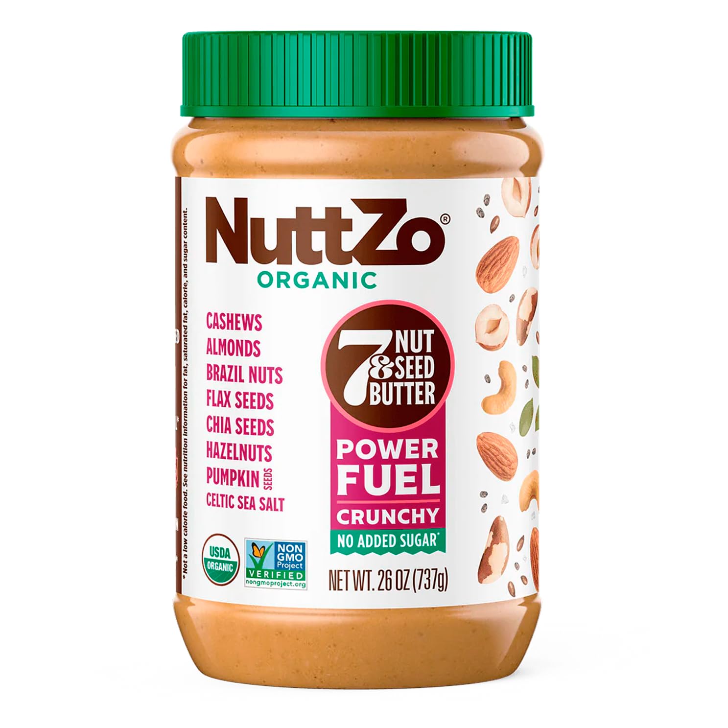 Organic Power Fuel Crunchy Nut Butter by NuttZo | 7 Nuts & Seeds Blend, Paleo, Non-GMO, Gluten-Free, Vegan, Kosher | 1g Sugar, 6g Protein | 26oz Jar