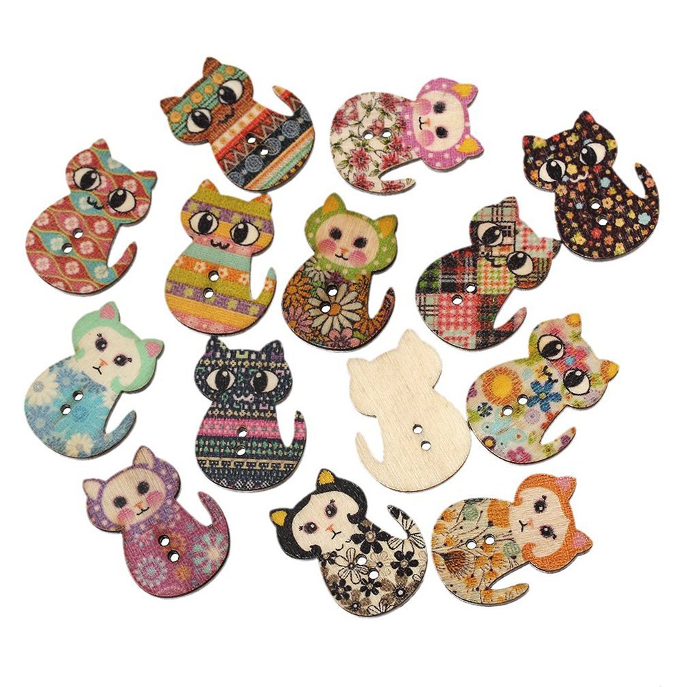 TENDYCOCO 50pcs Sewing Buttons Multicolored Cat Shaped 2 Holes Wood Printing Sewing Buttons (Mixed Color)