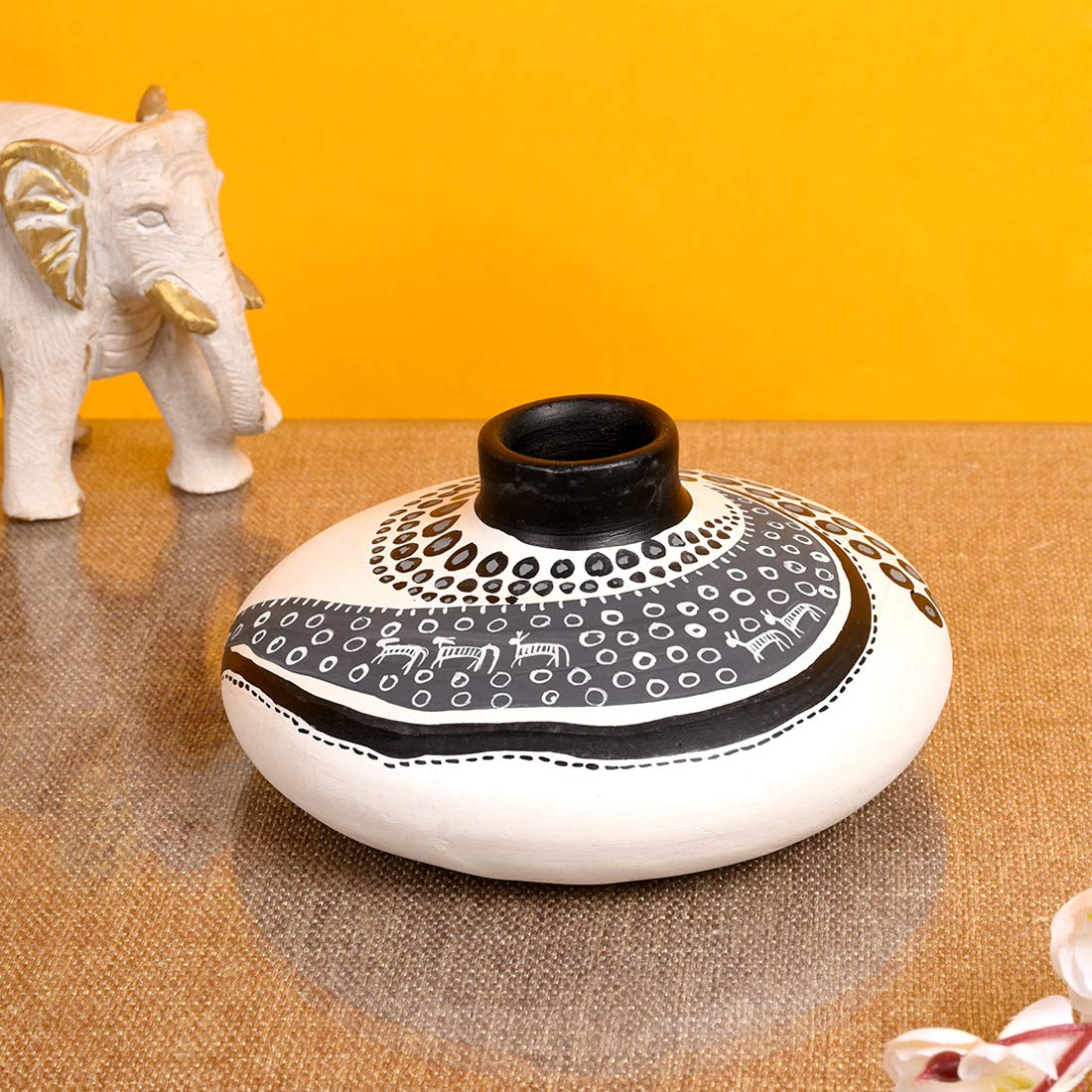 Aakriti Art Creations Terracotta Warli Hand-Painted Home Decorative Small Pot White Vase