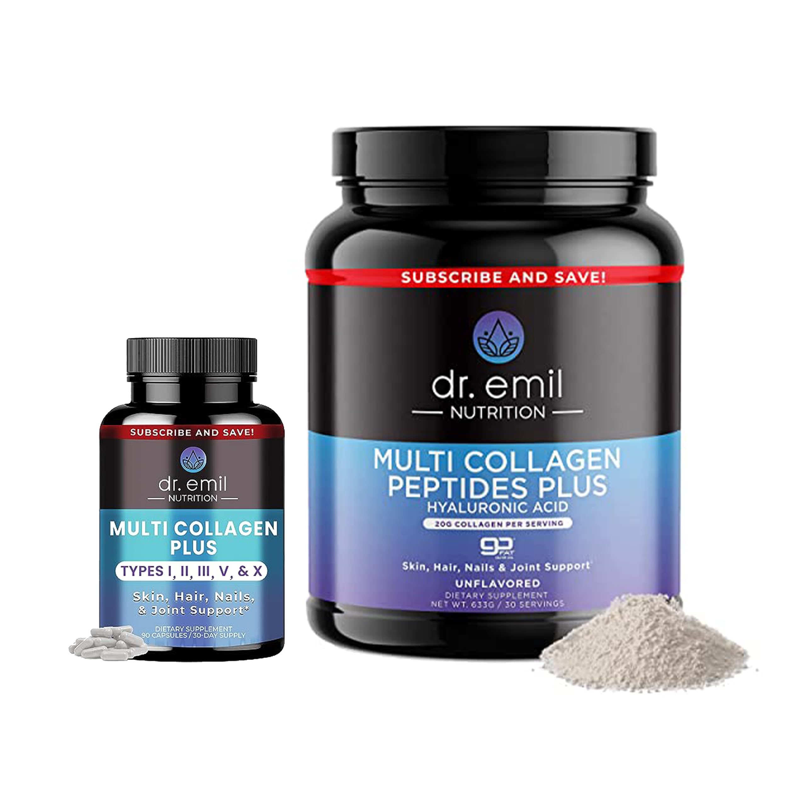 DR EMIL NUTRITIONComplete Multi Collagen Bundle - Double The Collagen & Double The Hair, Skin & Nails Benefits - Collagen Peptide Pills & Collagen Powder Bundle (30 Servings)