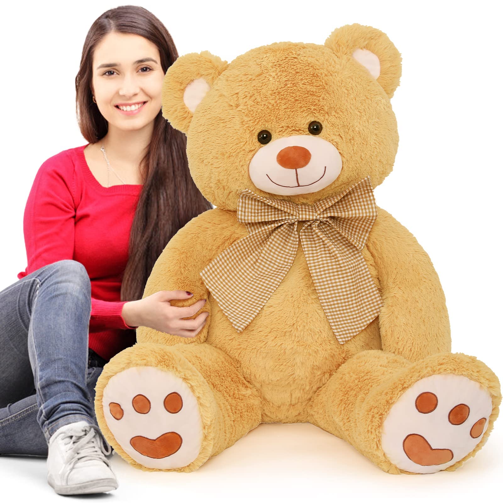 MorisMos4 Feet Giant Teddy Bear Stuffed Animal, 47" Large Tan Teddy Bear Plush with Footprints and Big Bow, Valentine's Day Christmas for Girlfriend, Wife, Girls, Baby Shower Decor