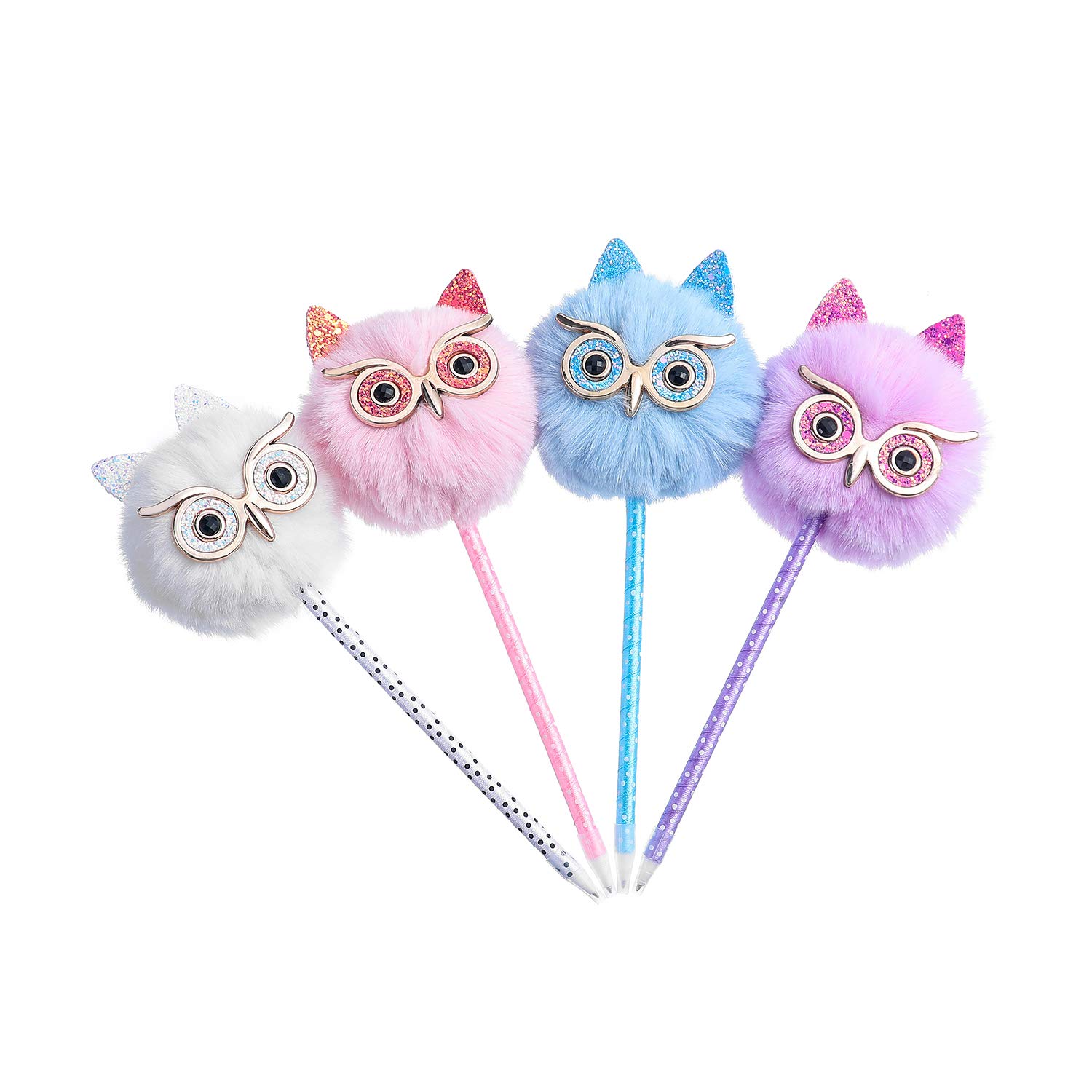 Abhay 4 Pack Owl gift Pen Novelty Pens Colorful Fluffy Ball Pen Pom Pom Pen for Easter and Party Supplies