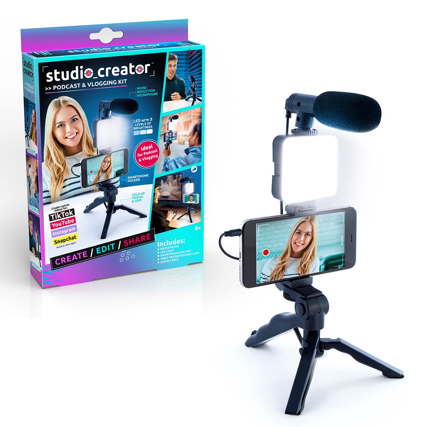 Canal Toys Studio Creator Podcast and Vlogging Kit, Phone Holder, LED Light, Microphone + Tripod, Create Content On The Go, White Age 6 INF 033