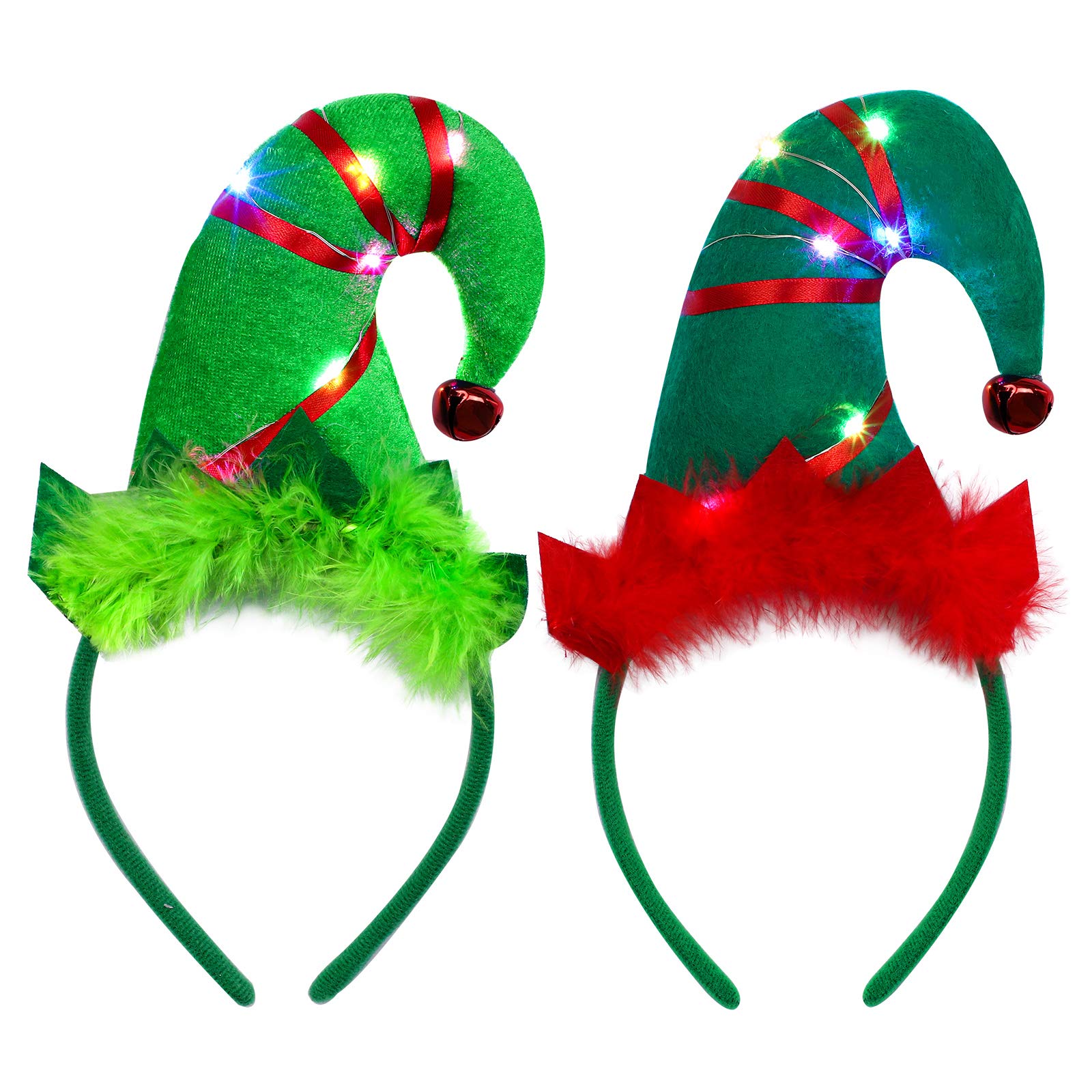 URATOT 2 Pack LED Christmas Elf Headbands Light Up Elf Costume Hats Headwear for Christmas Accessory