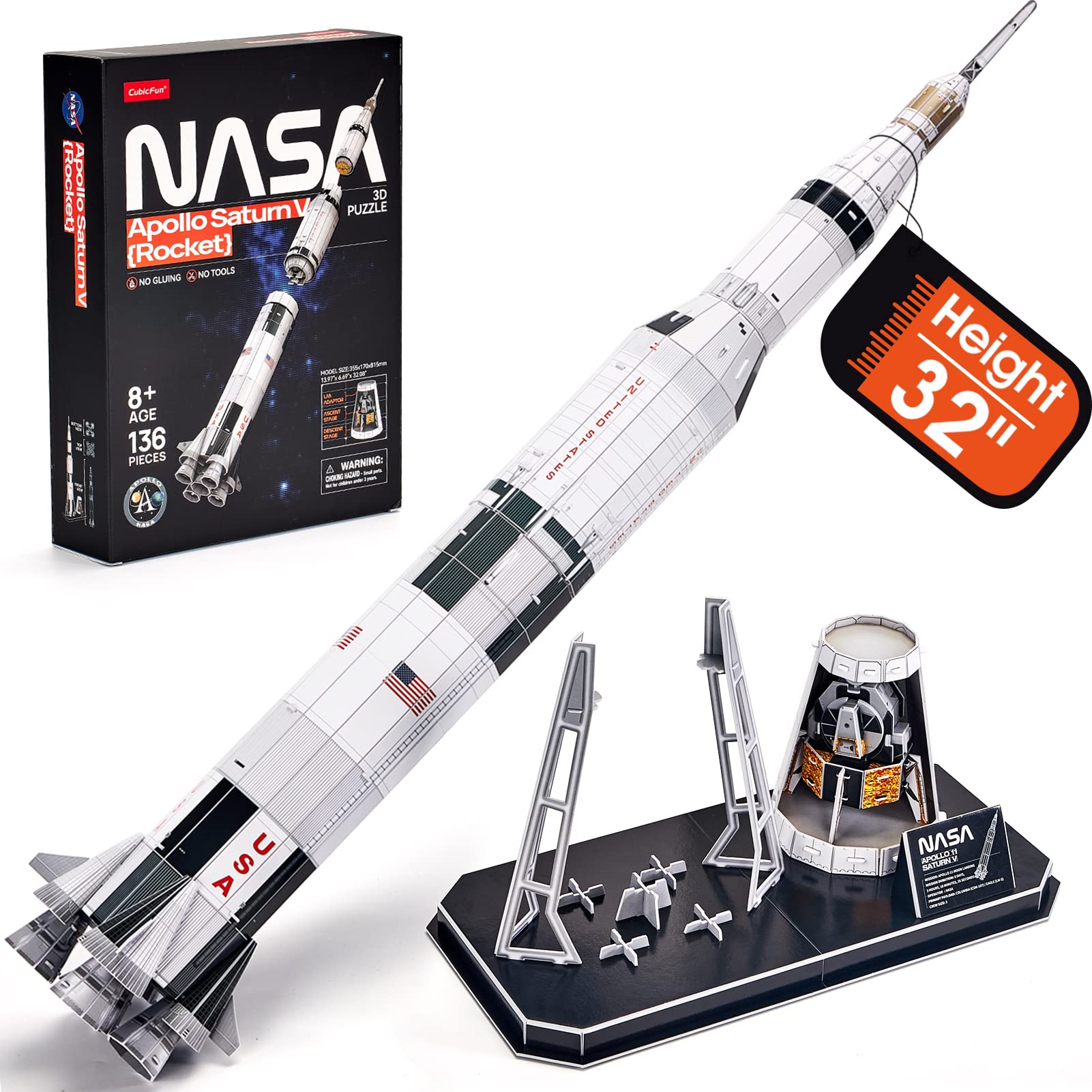 CubicFun NASA Apollo Saturn V 3D Puzzles for Adults Kids Space Toys for Boys 5-8 Rocket Ship, Puzzles for Kids Ages 8-10 12-14 Crafts for Adult Space Exploration Puzzle Model Kit, 136 Pieces