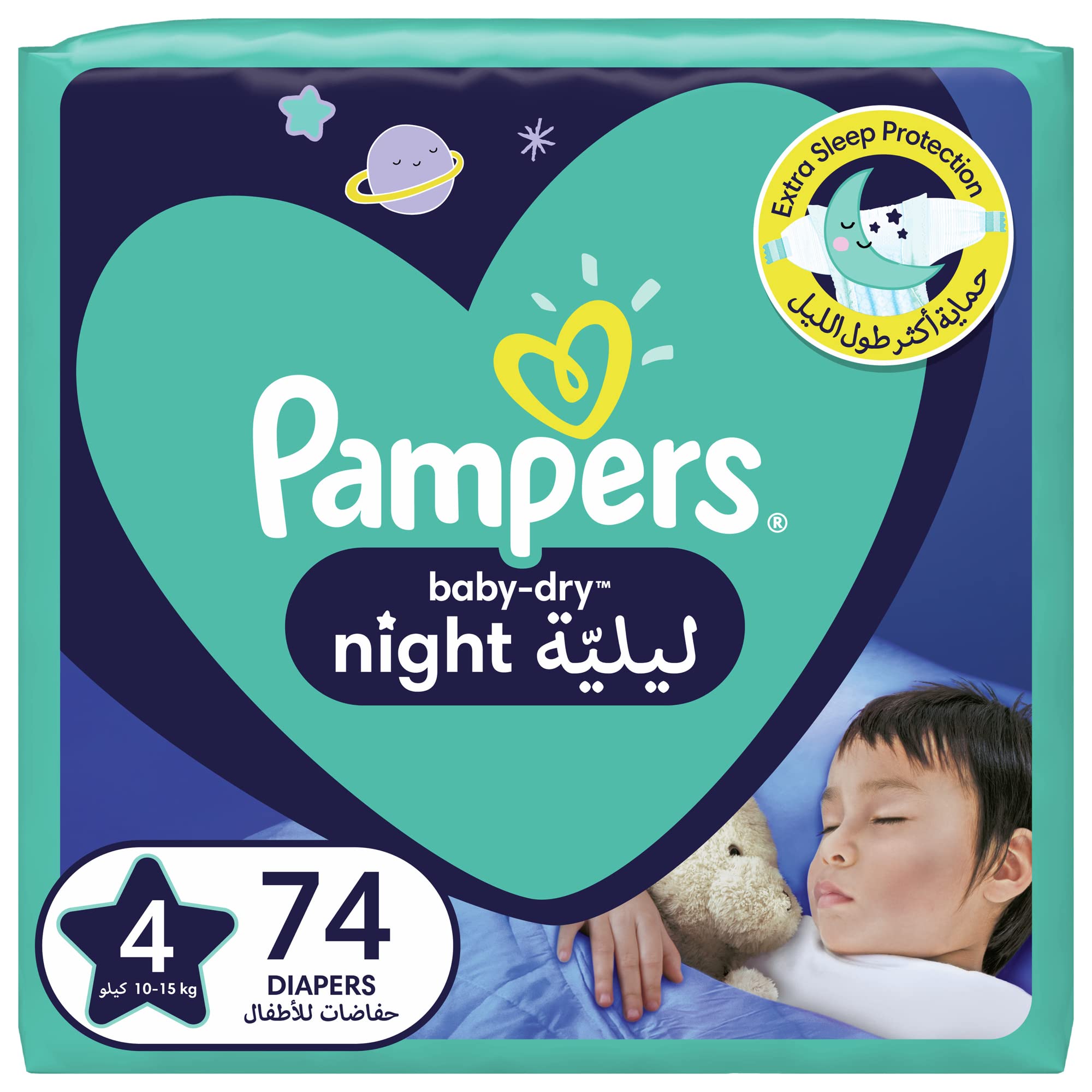 PampersBaby-Dry Night Diapers Additional Absorption Layer for Overnight Leakage Protection, Size 4, 10-15Kg, 74 Diaper Count