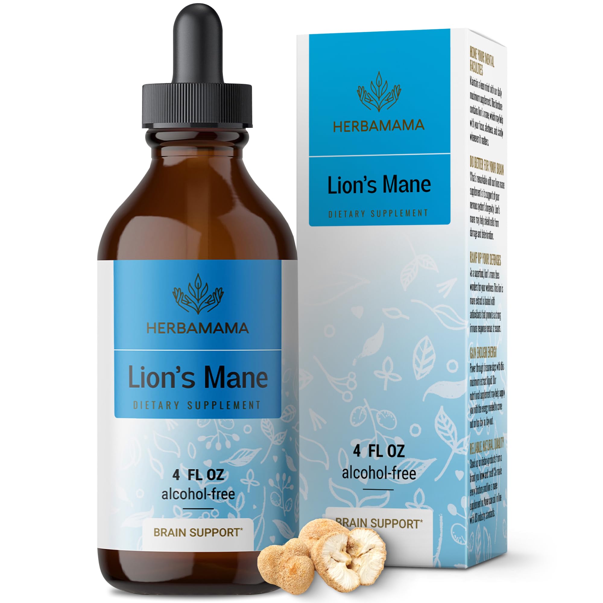 HERBAMAMA Lion’s Mane Liquid Extract - Lion’s Mane Mushroom Drops for Brain Focus - Vegan Brain Health Support with Lion’s Mane Tincture - Sugar & Alcohol-Free, 84-Day Supply