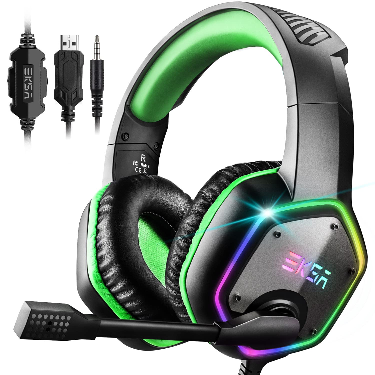 EKSA E1000S Wired Stereo Gaming On Ear Headphone with Noise Canceling Mic & RGB Light Compatible with PC, PS4, Laptop (Green)