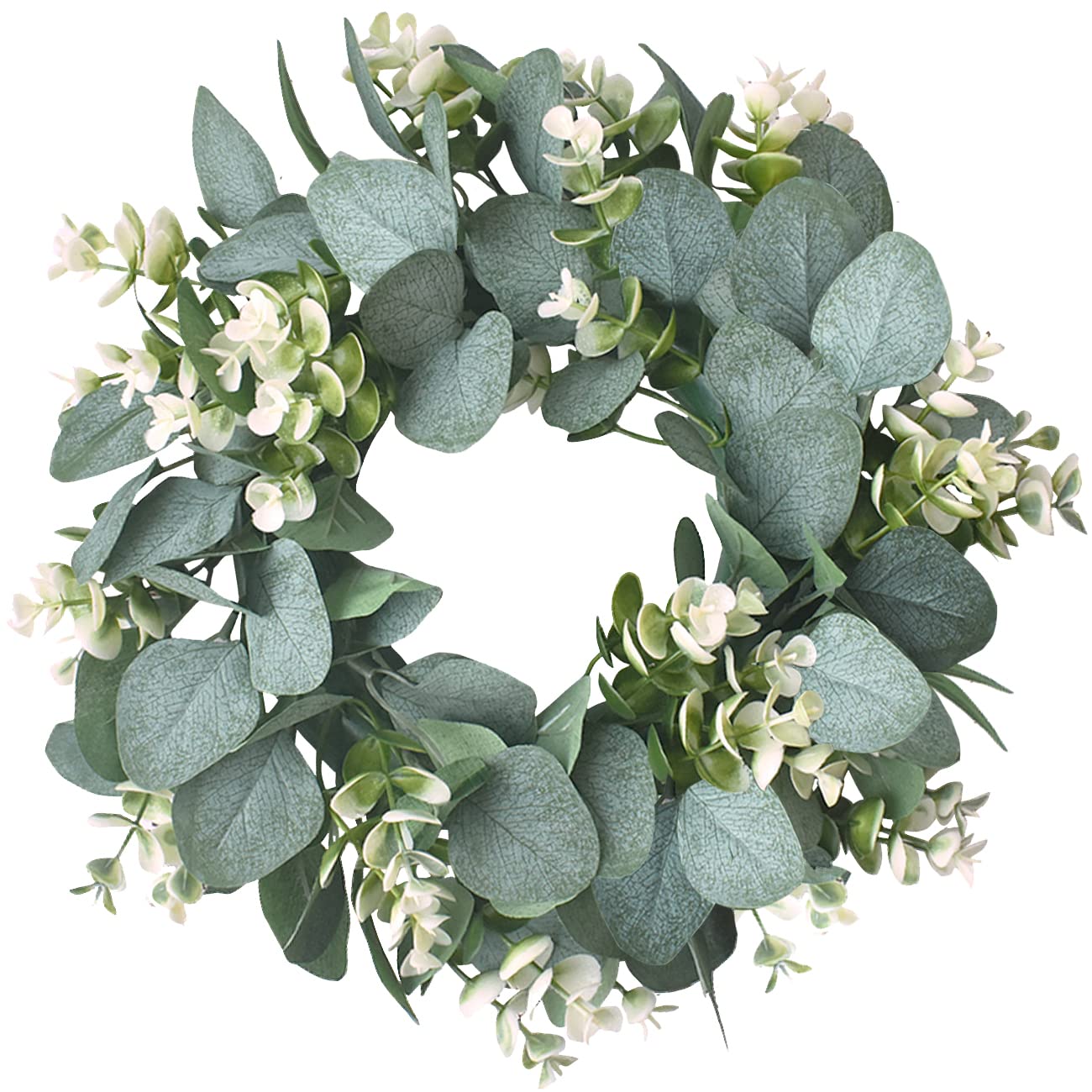 IRONLAND 12'' Wreath for Front Door Wall Artificial Eucalyptus Wreath with Green Leaves 12 inch Flowers Faux Green Leaves Eucalyptus Summer Festival Celebration Window Party Decor Home Décor