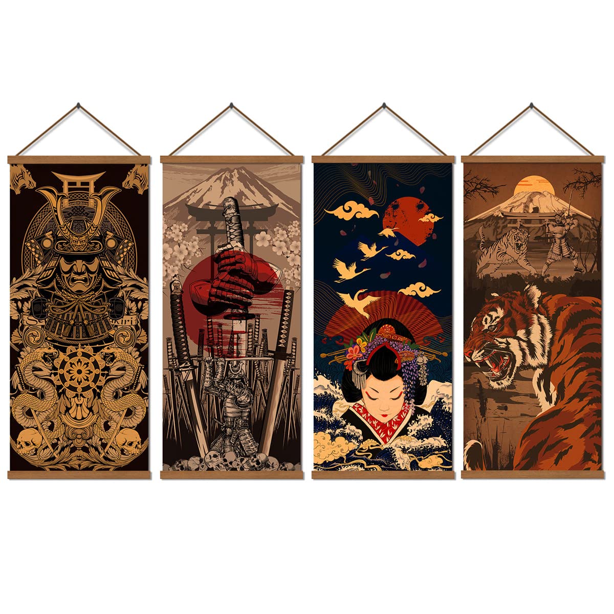 Warrior's Dreams Canvas Wall Art Print Poster Armored Helmet Samurai spirit with Scroll Wood Framed Ready to Hanger Home Karate Hall Sushi Restaurant Decor 16”x35” (4pcs japan poster)