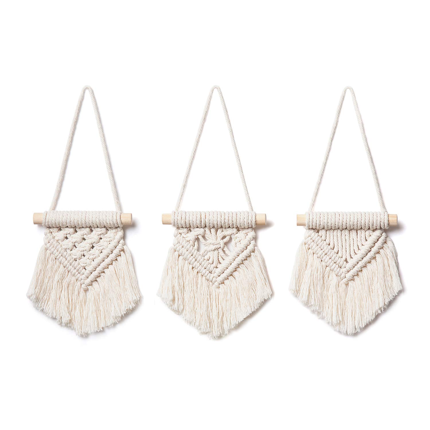 Mini Macrame Wall Hanging, 3 Pcs Cute Boho Car Accessories Ornaments Woven Art Decor for Nursery Bathroom Bedroom Living Room Dorm Home Office Handmade Gifts Idea (3.5''W x 4''H, X-Small)