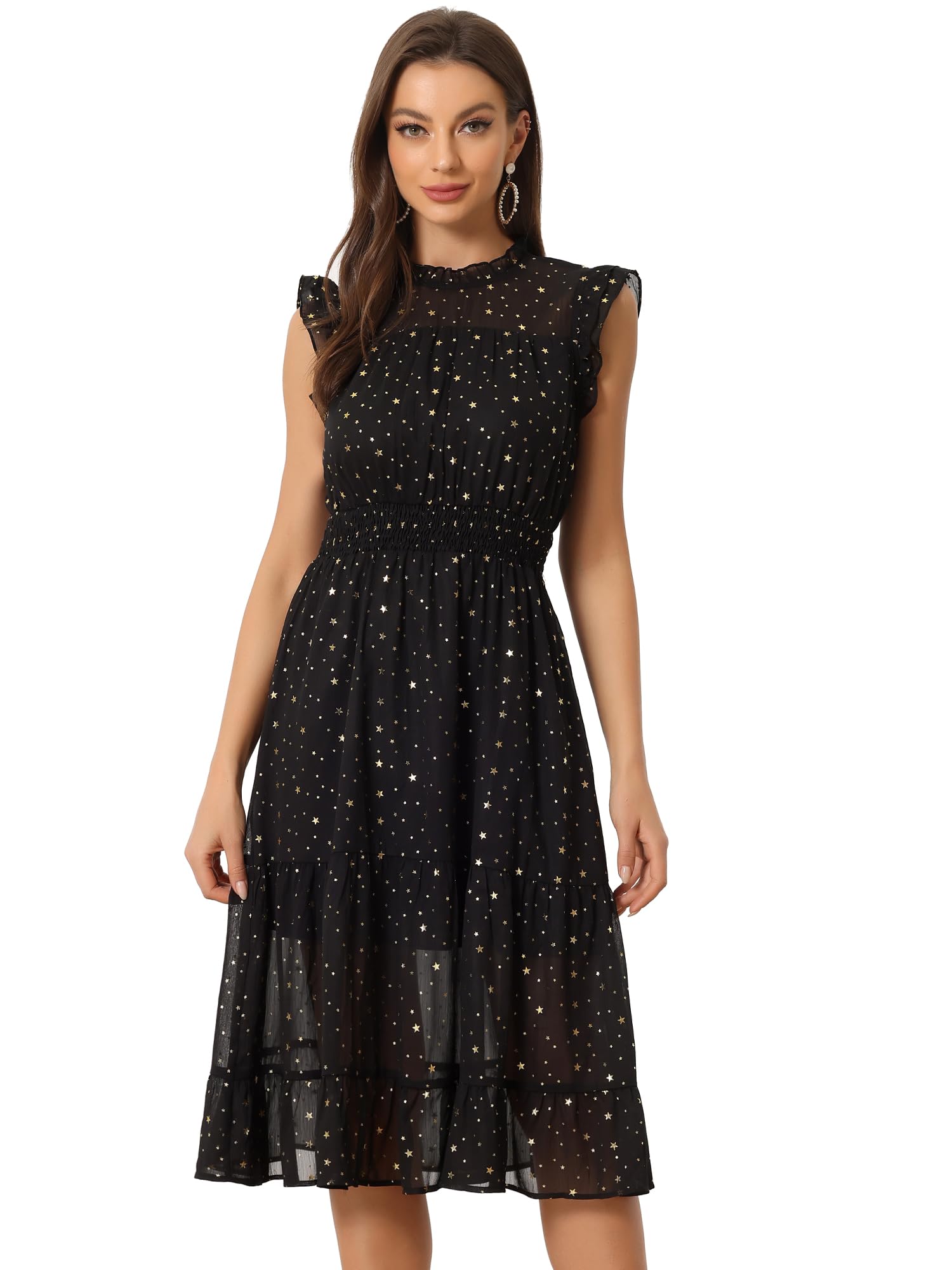 Allegra K Casual Chiffon Dress for Women's Sleeveless Smocked Waist Gilding Metallic Stars Party Dresses