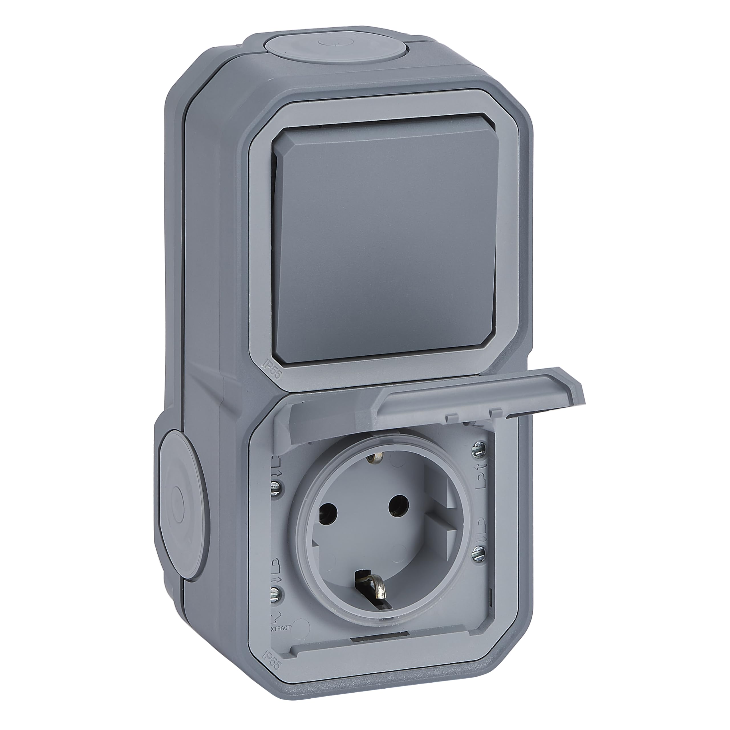 LEGRAND, Plexo New 069746L Wet Room AP Universal Off/Toggle Switch (1-Pole) & Protective Contact Socket (SL) with Hinged Lid IP44-IK07 (Socket), IP55 - IK07 (Switch), Colour: Grey