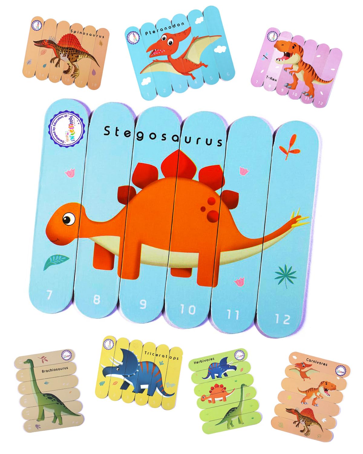 FIRSTCRY INTELLISKILLS Premium 24 Pcs Stick Puzzle|Fun&Interesting Way To Learn Dinosaur Species Names&Numbers|Bis Certified|Preschool Montessori Educational Toy For Kids|Multicolor, 3+ Years