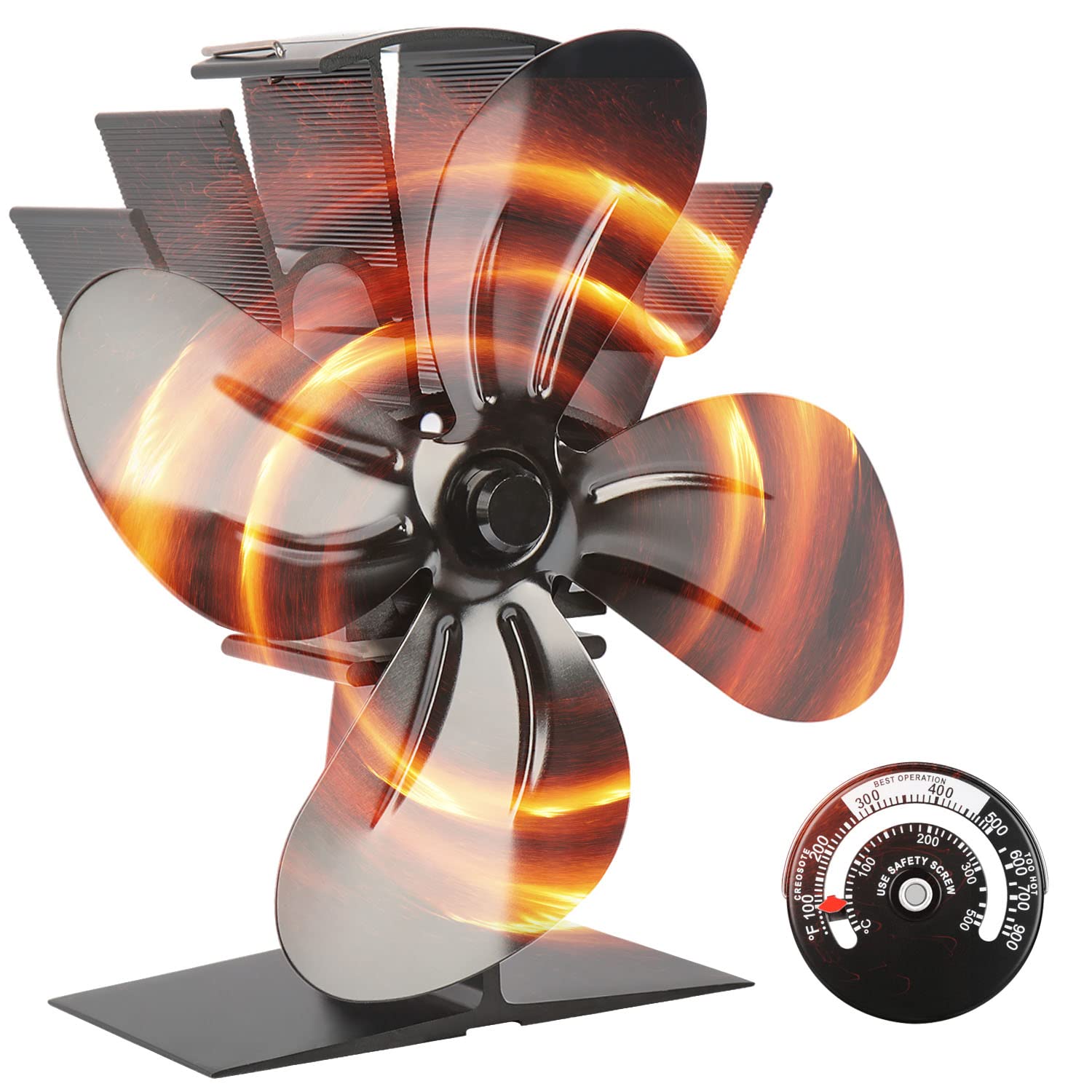 Heat Powered Stove Fan with Magnetic Thermometer 4 Blade Aluminium Silent Eco-friendly for Wood Log Burner Stoves