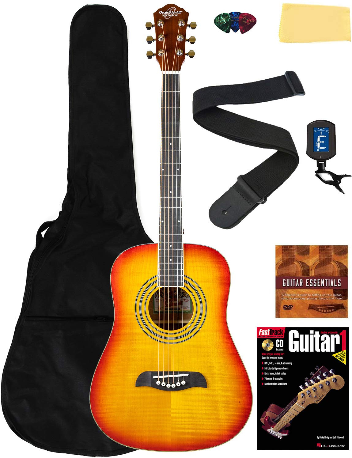 Oscar Schmidt OG5 3/4-Size Kids Acoustic Guitar Learn-to-Play Bundle w/Gig Bag, Tuner, Strap, Picks, Instructional Book, DVD, and Austin Bazaar Polishing Cloth - Flame Yellow Sunburst