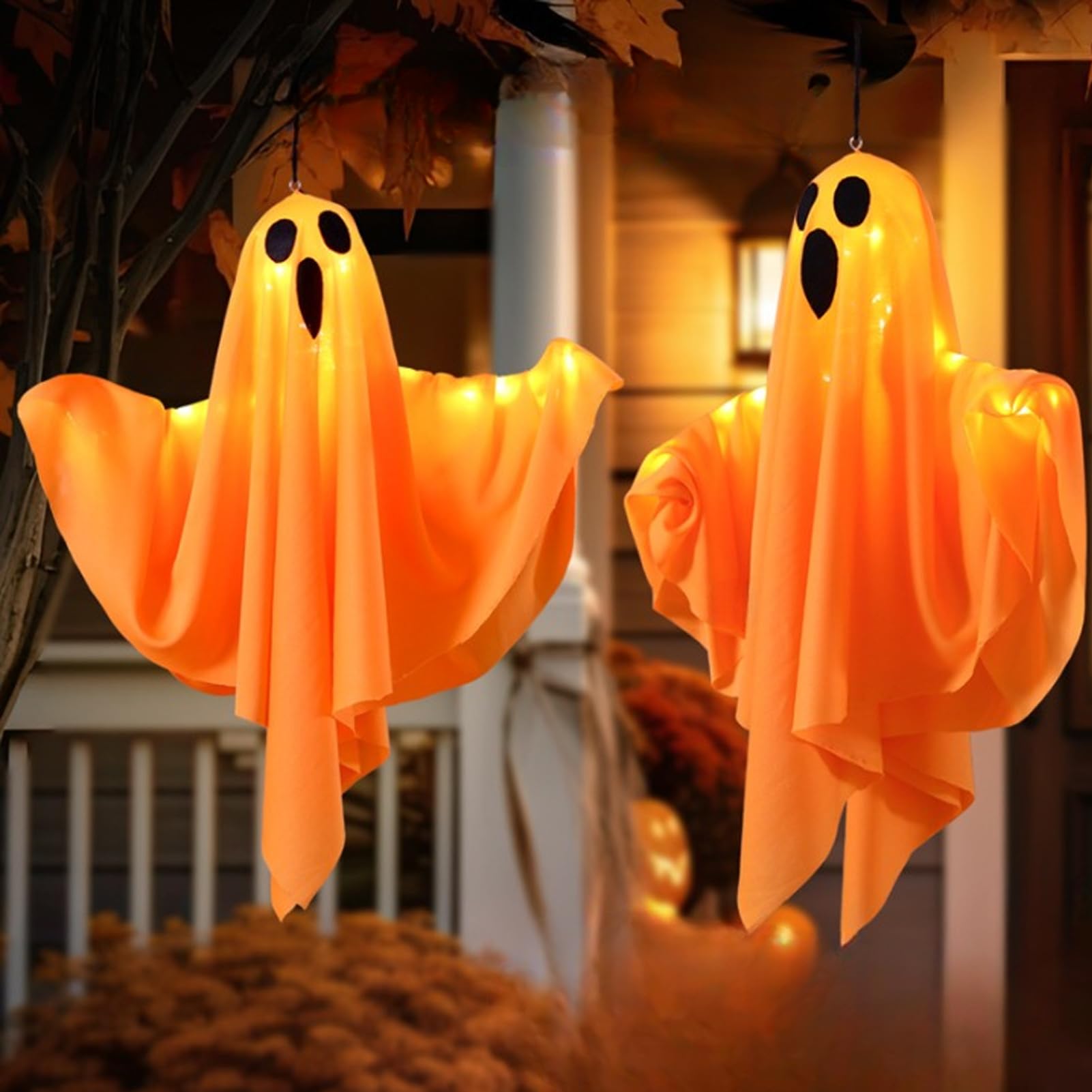 Tiokkss Halloween Ghost Decorations Halloween Hanging Ghosts with Lights Halloween Decor Spooky Ghost Ornaments for Home Tree Garden Yard 2Pcs (Orange)