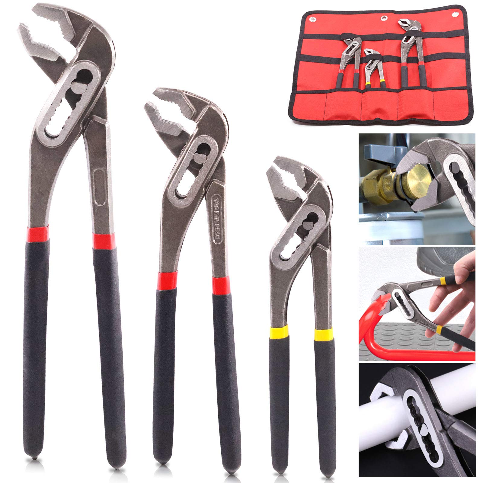 Keadic 3 Pack Adjustable Water Pump Pipe Pliers Set, 8-Inch, 10-Inch & 12-Inch Groove Pliers, Quick-Release Plumbing Pliers Straight Jaw Pliers in CRV Steel for Home Repair, Gripping, Pipe & Fittings