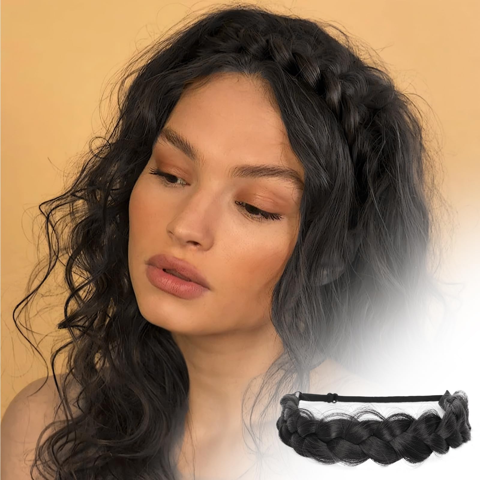 KooKaStyle Braided Headband Adjustable Stretch Handmade Braid Headband with 2 clips anti-slip Elastic Chunky Wide Plaited Braids For Women And Girls Women Hair Accessories (Black)