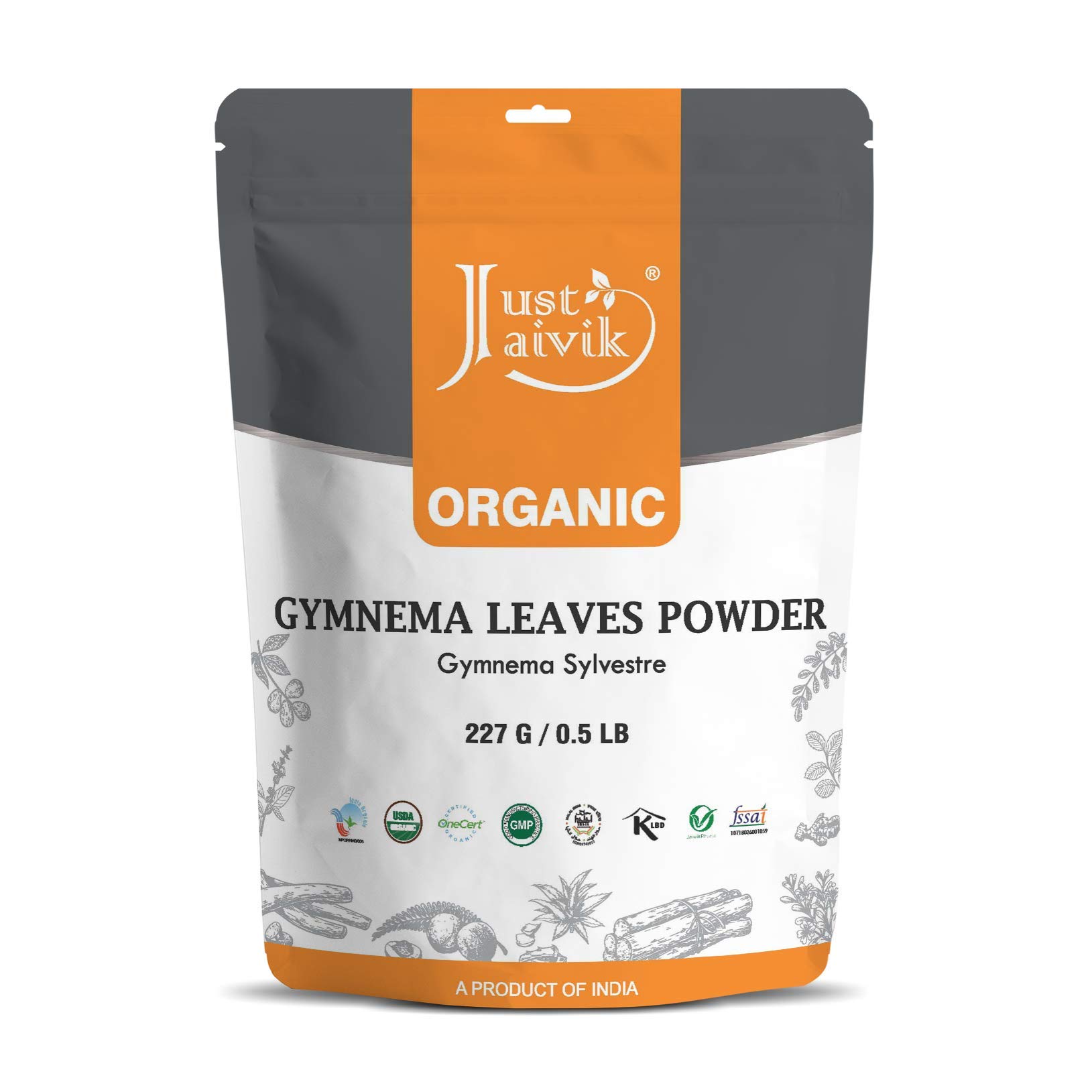 100% Organic Gymnema Leaf Powder (0.5 lb / 227g / 08 oz) by Just Jaivik | Raw, Gluten-Free & Non-GMO - Certified Organic under NPOP and NOP Standards