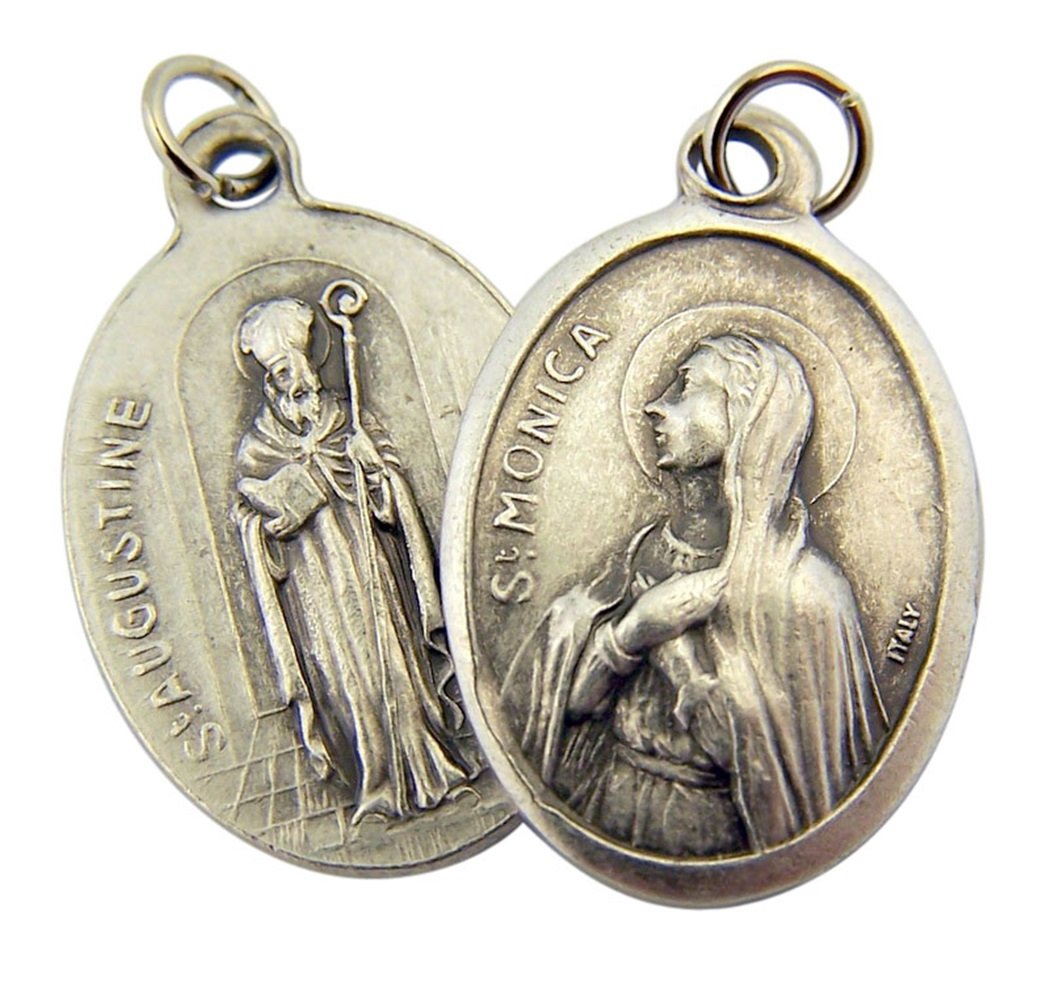 Silver Toned Base Saint Monica with St Augustine Medal Pendant, 1 Inch