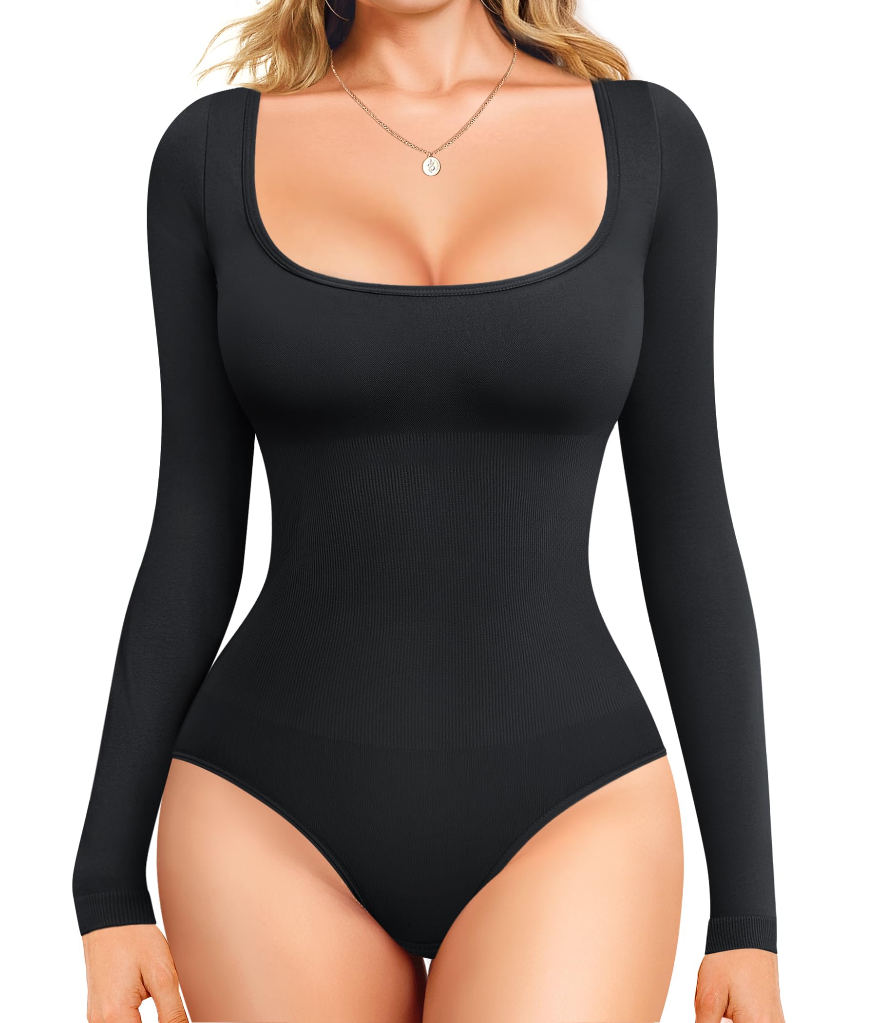 NebilityLong Sleeve Bodysuit Tummy Control Shapewear Square Neck Body Suits for Womens Slim Fit