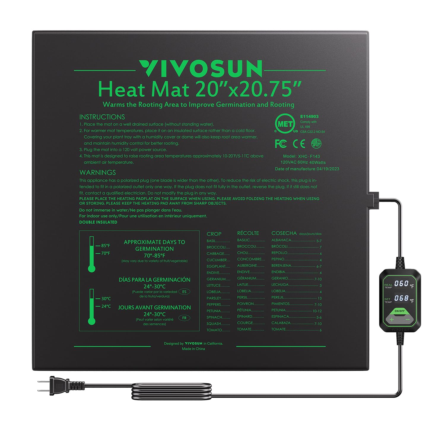 VIVOSUN 20"x20.75" Seedling Heat Mat with Built-in Temperature Controller, UL & MET-Certified Waterproof Plant Heating Pad for Germination, Hydroponics, Brewing, Breeding, and Greenhouses