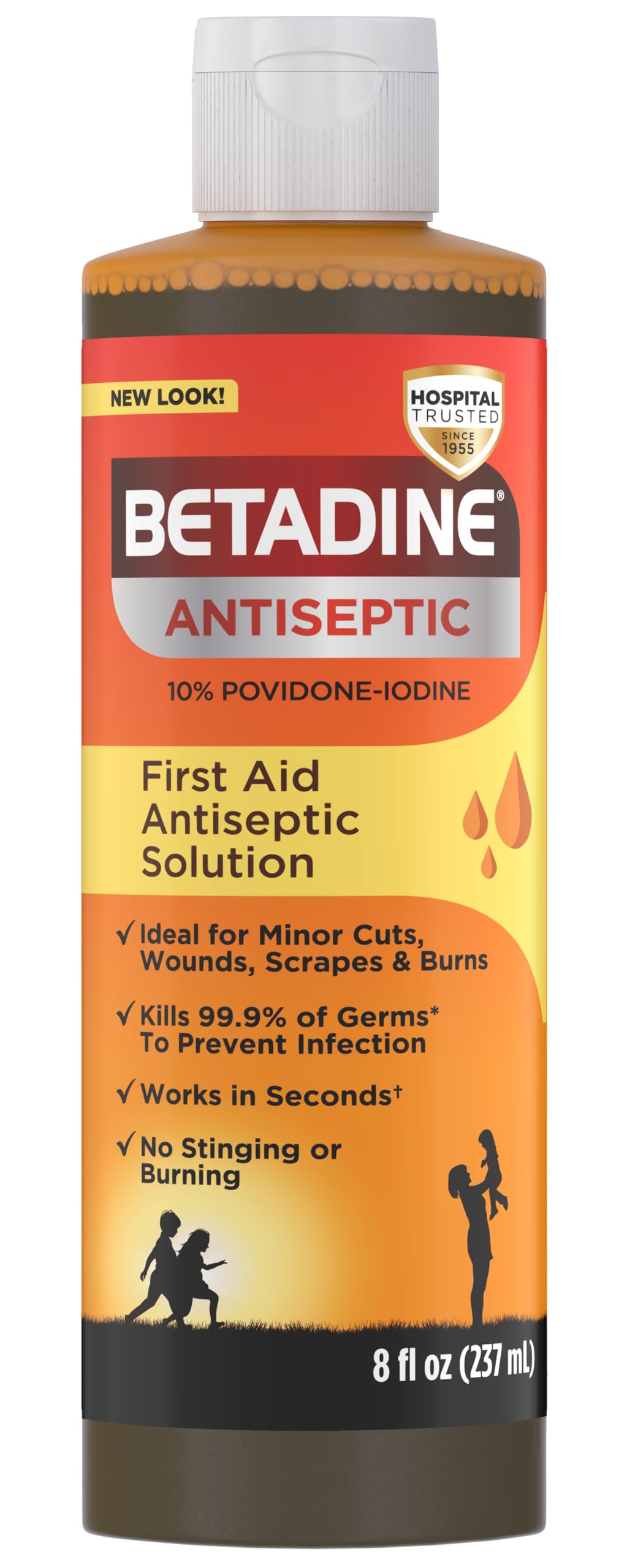 Betadine Antiseptic Liquid First Aid Solution, Povidone-iodine 10%, Infection Protection, Kills Germs In Minor Cuts Scrapes And Burns, No Sting Promise, No Alcohol or Hydrogen Peroxide, 8 FL OZ