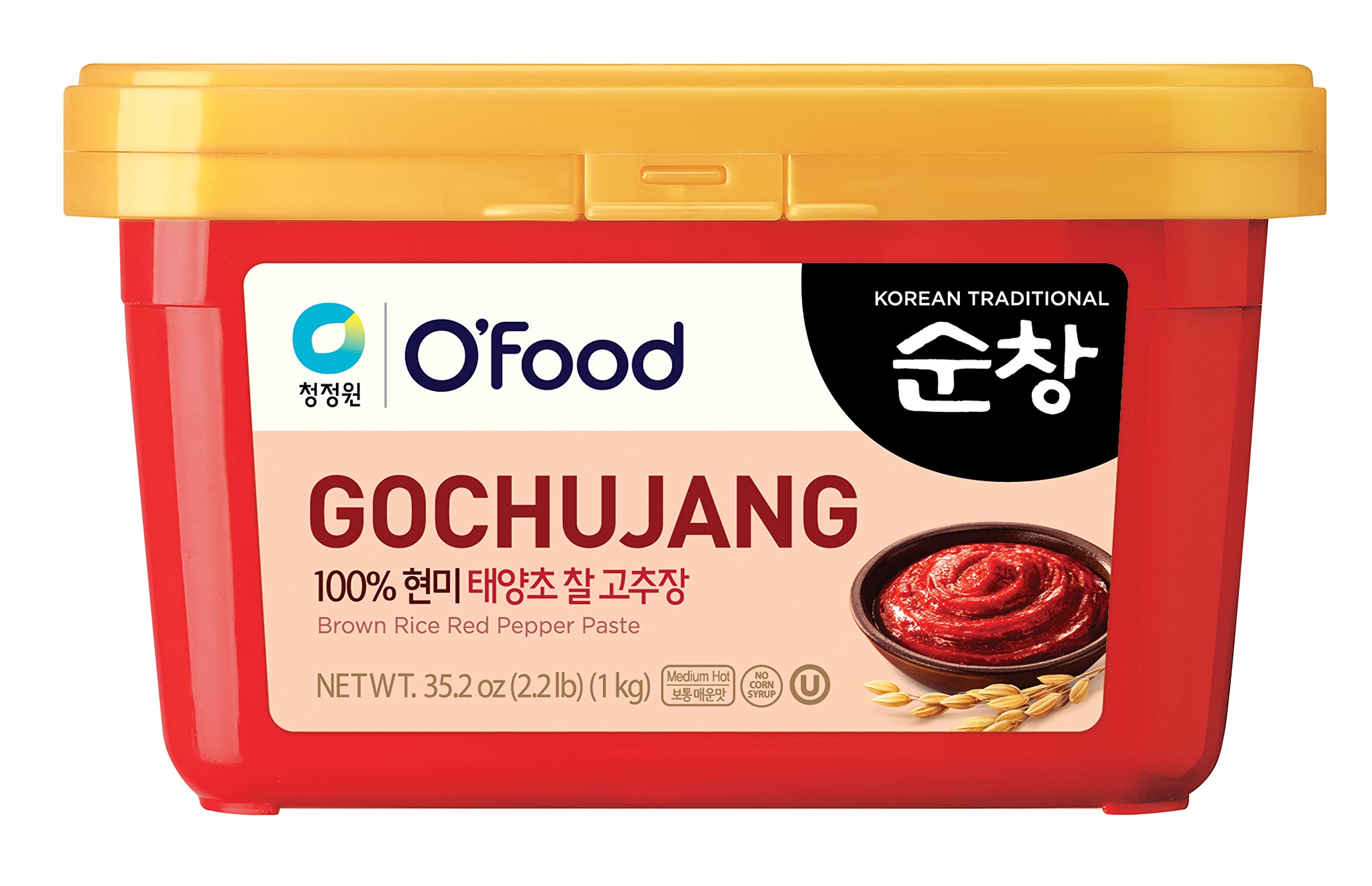 Chung Jung OneO'Food Medium Gochujang 2.2lb, Korean Red Chili Pepper Paste, Spicy, Sweet and Savory Sauce, Traditional Fermented Condiment, 100% Brown Rice, No Corn Syrup