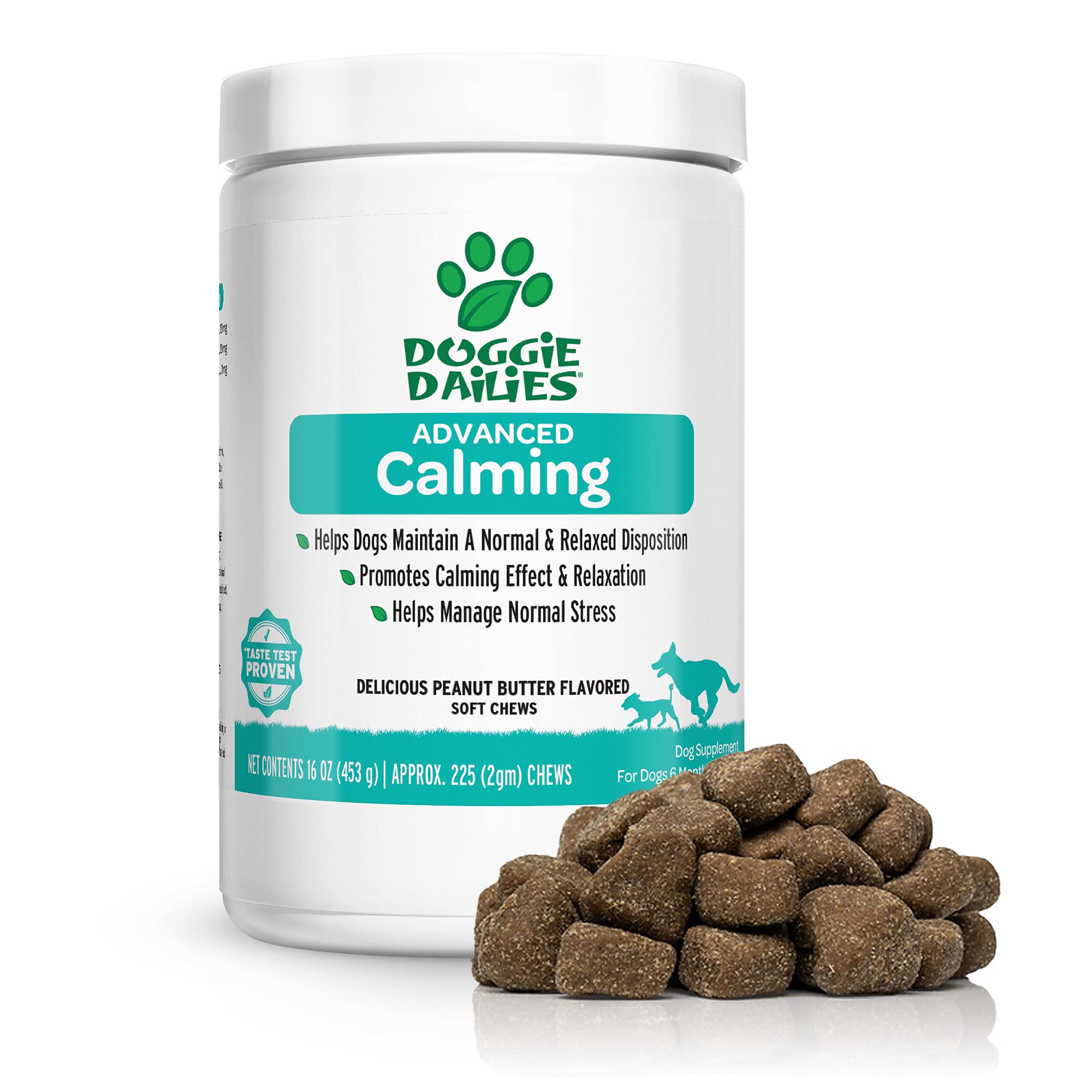 Doggie Dailies Calming Chews for Dogs, 225 Soft Chews, Melatonin for Dogs with Chamomile to Help Manage Stress Relief, Calm & Relaxation During Thunderstorms, Fireworks, Travel, & Separation