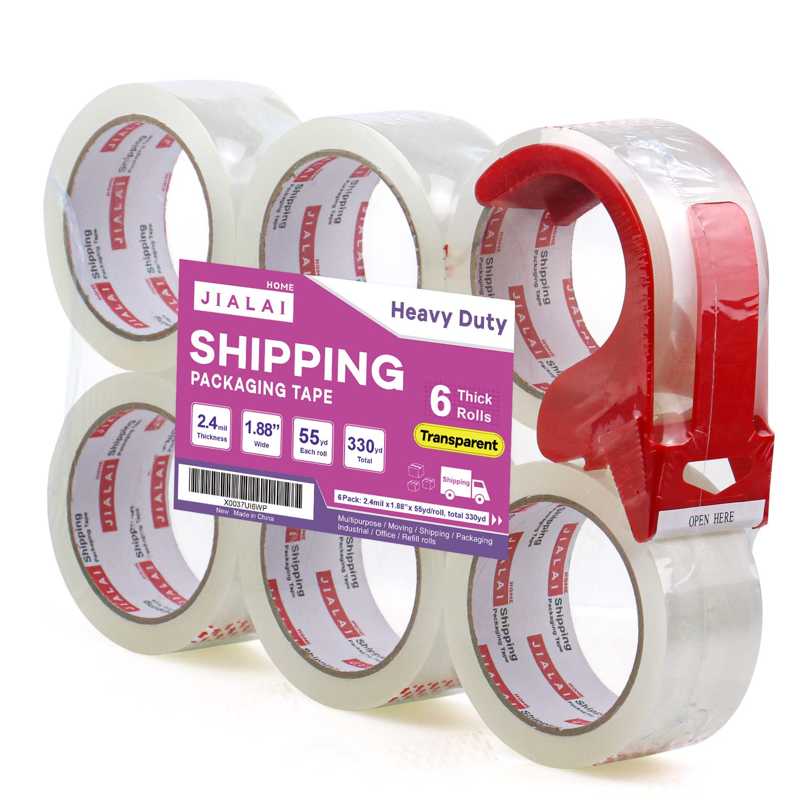 Heavy Duty Transparent Packing Tape,6 Rolls with Refillable Dispenser,Industrial Grade Packaging Tape for Shipping Moving Sealing,1.88 inches x 55 Yards Per Roll