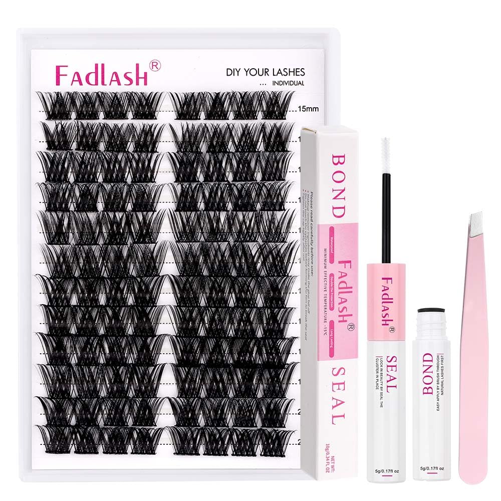 FADLASHEyelash Extension Kit Lash Clusters Mix Tray Thin Band DIY Lash Extension Kit with Lash Bond and Seal Lash Tweezers Eyelash Applicator Tool Individual Lashes(F2-0.07D-15-20mm Kit)