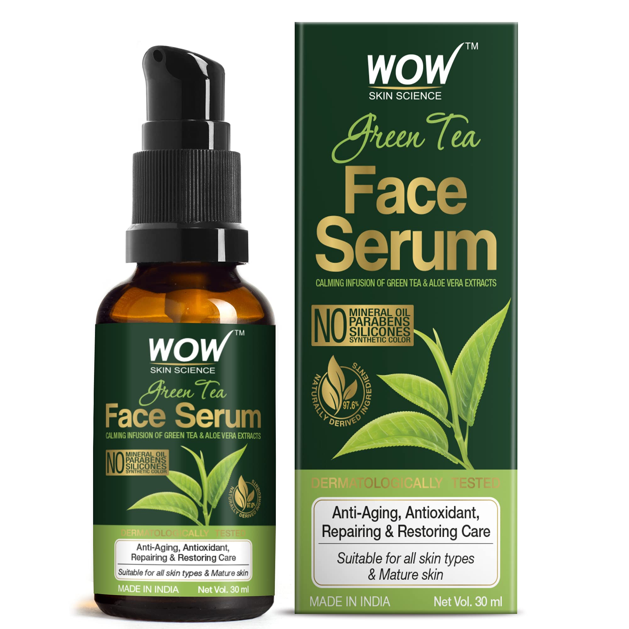 WOW Skin Science Green Tea Face Serum | Aloe Vera Extract with Pro Vitamin B5 & Vitamin E | Anti Aging, Skin Repair | Blemishes, Fine Lines, Smooth Skin | No Parabens | 30 ml